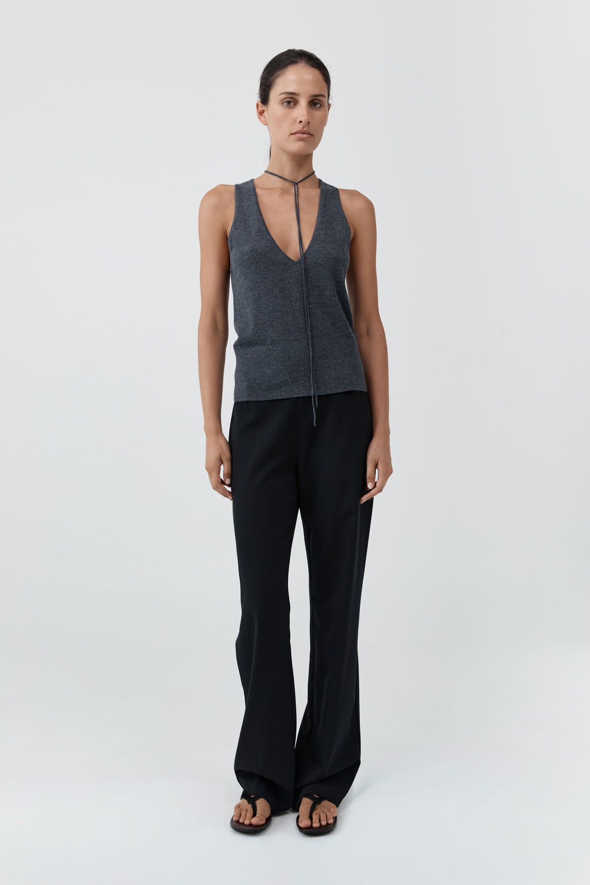 Plunge Rouleau Knit Tie Top - Iron Melange
