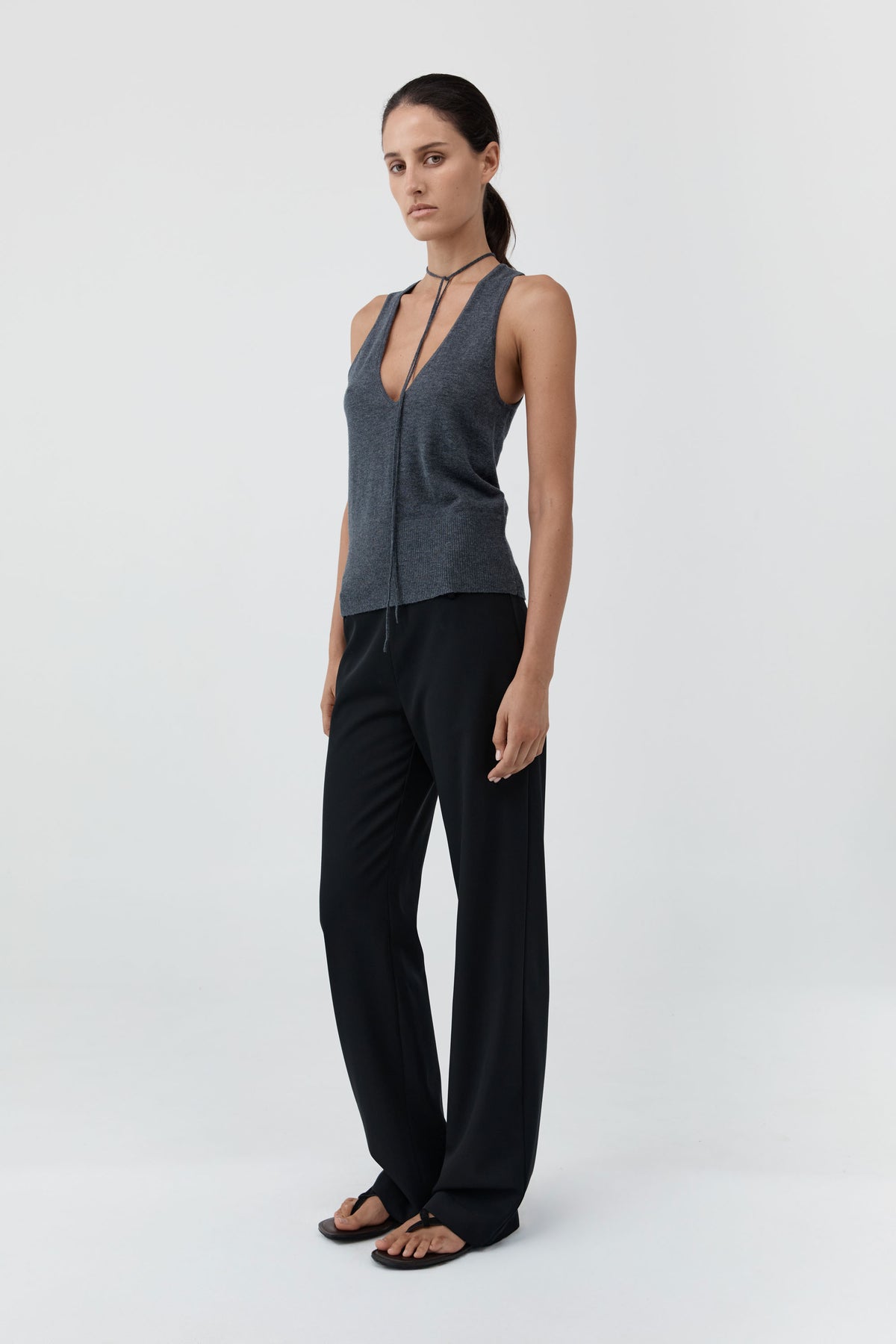 Plunge Rouleau Knit Tie Top - Iron Melange