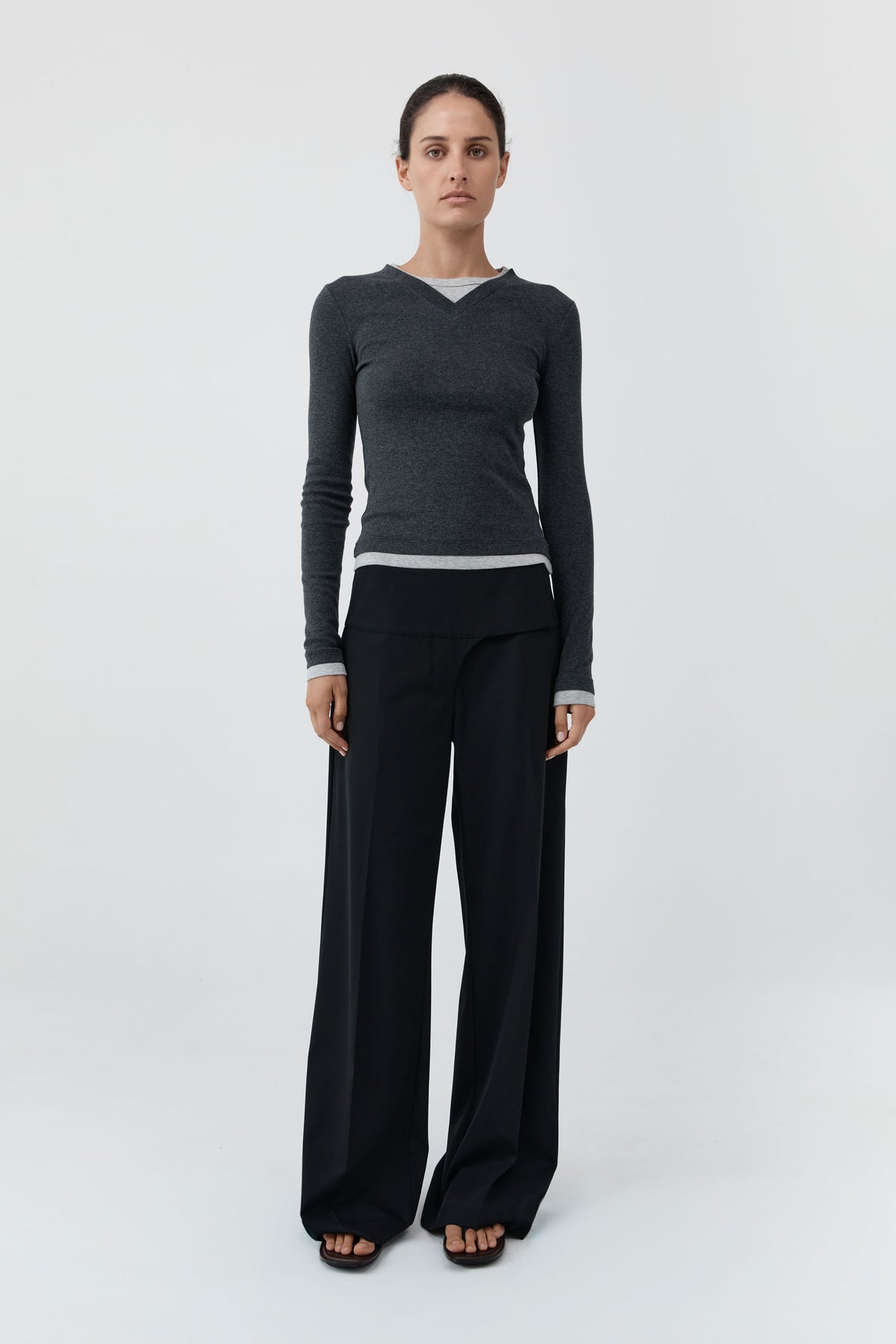 Organic Cotton V Neck Long Sleeve Top - Charcoal Melange