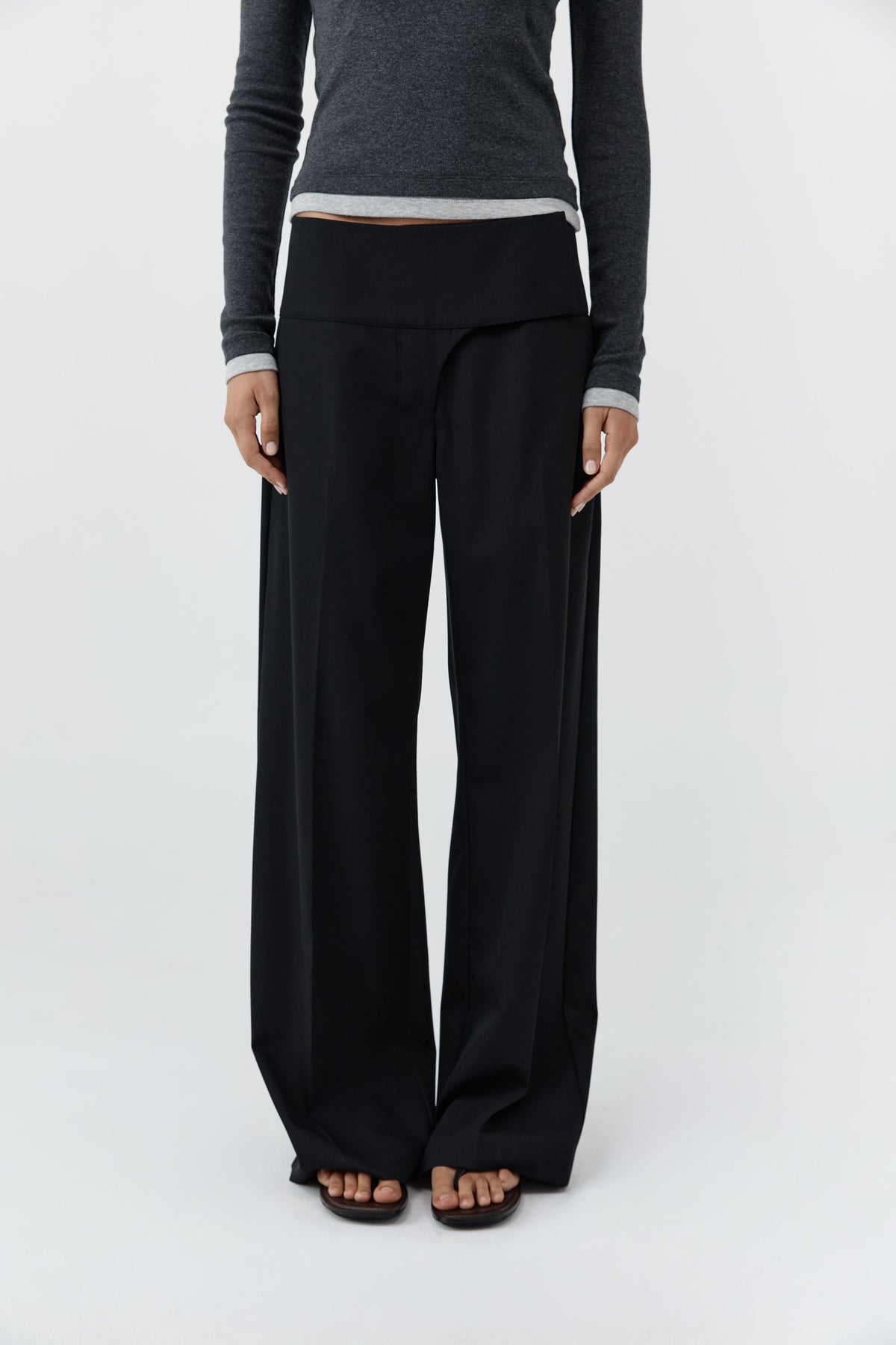 Wool Wide Waistband Pants - Black