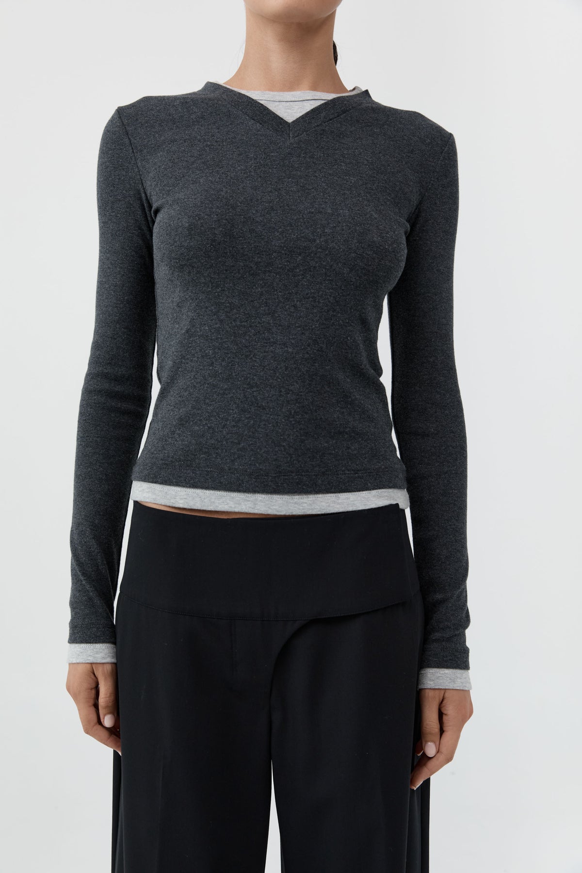 Organic Cotton V Neck Long Sleeve Top - Charcoal Melange