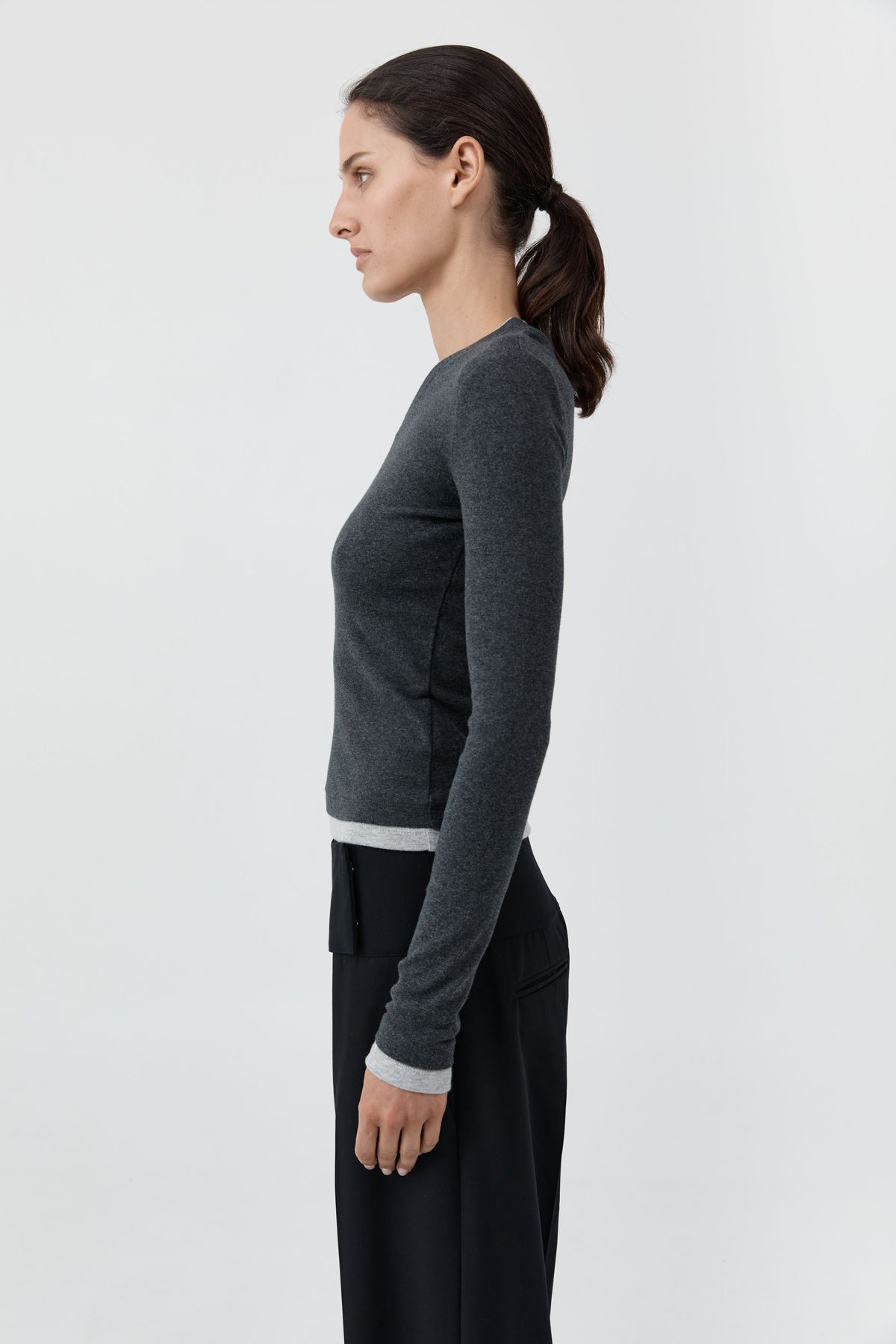 Organic Cotton V Neck Long Sleeve Top - Charcoal Melange