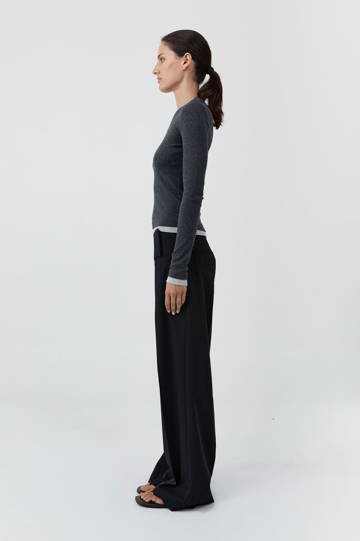 Wool Wide Waistband Pants - Black