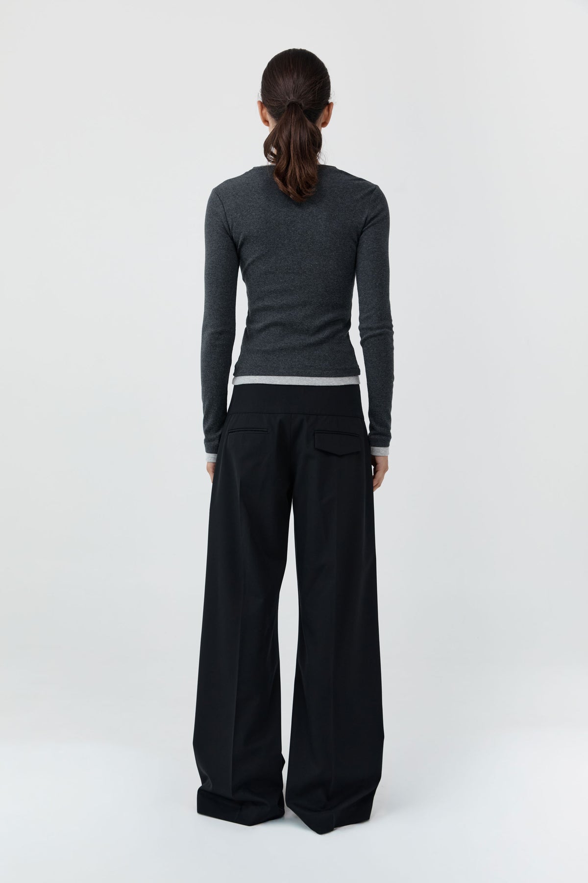 Organic Cotton V Neck Long Sleeve Top - Charcoal Melange