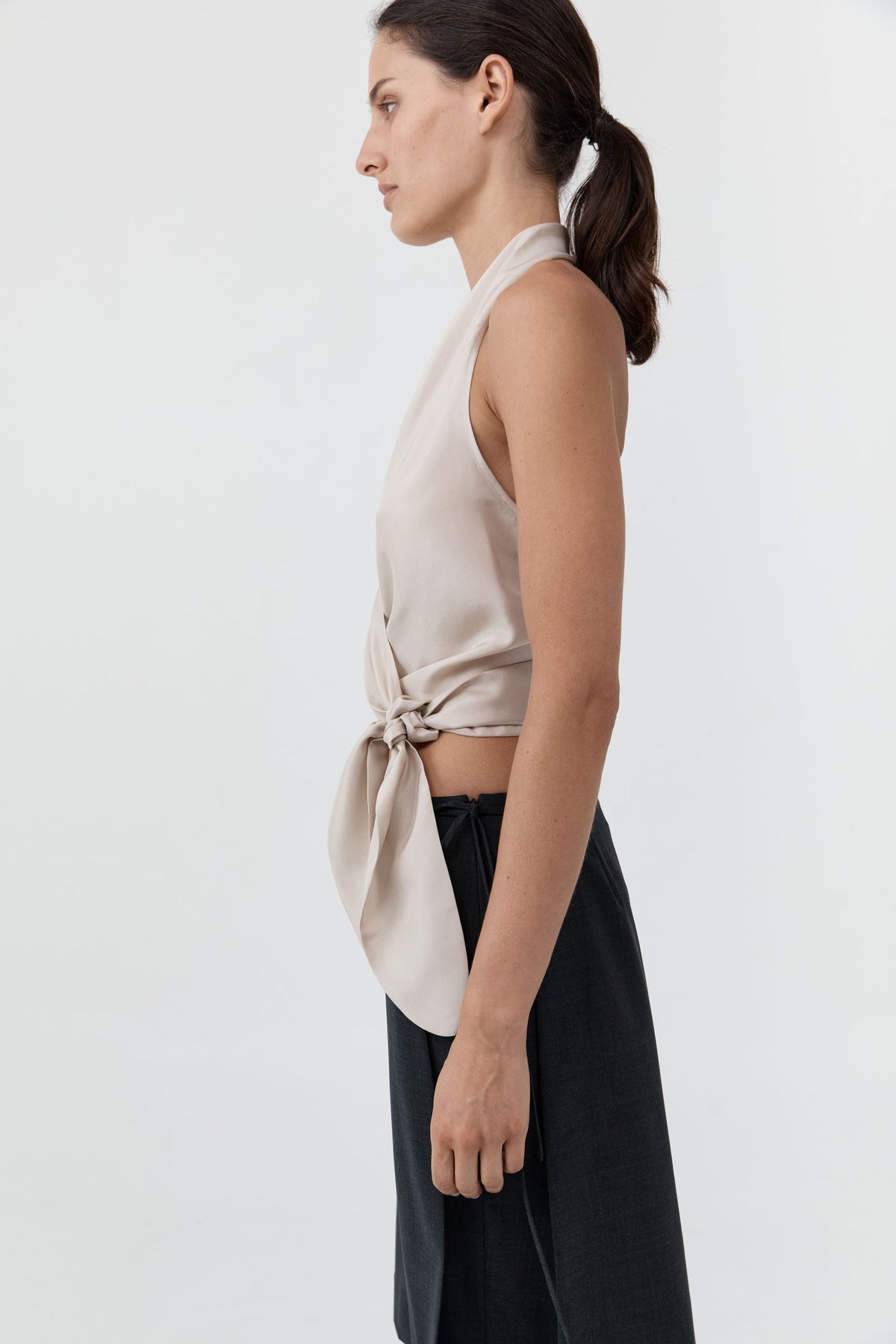 Silk Halter Wrap Top - Soft Ash