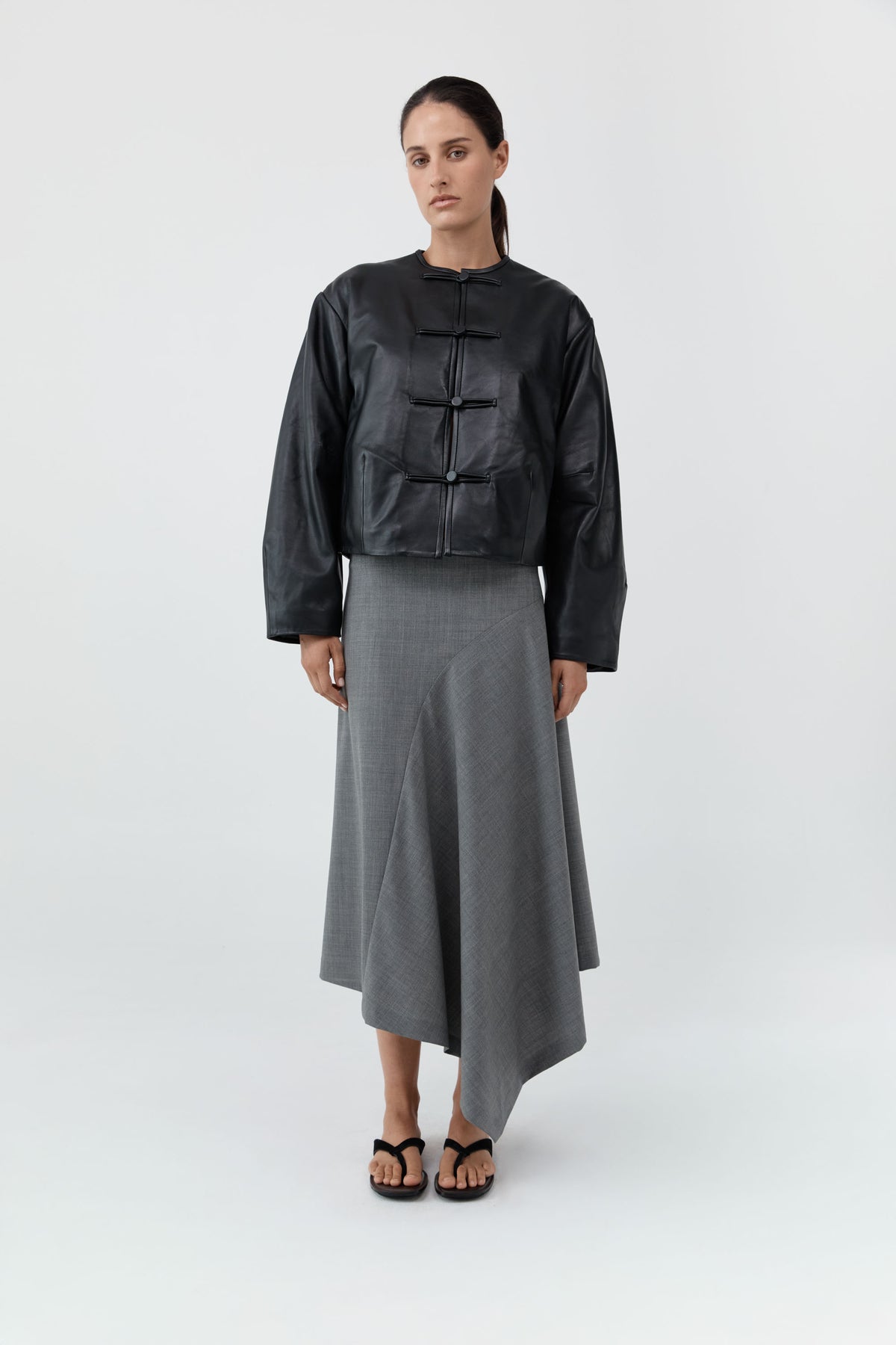 Button Detail Cocoon Leather Jacket - Black