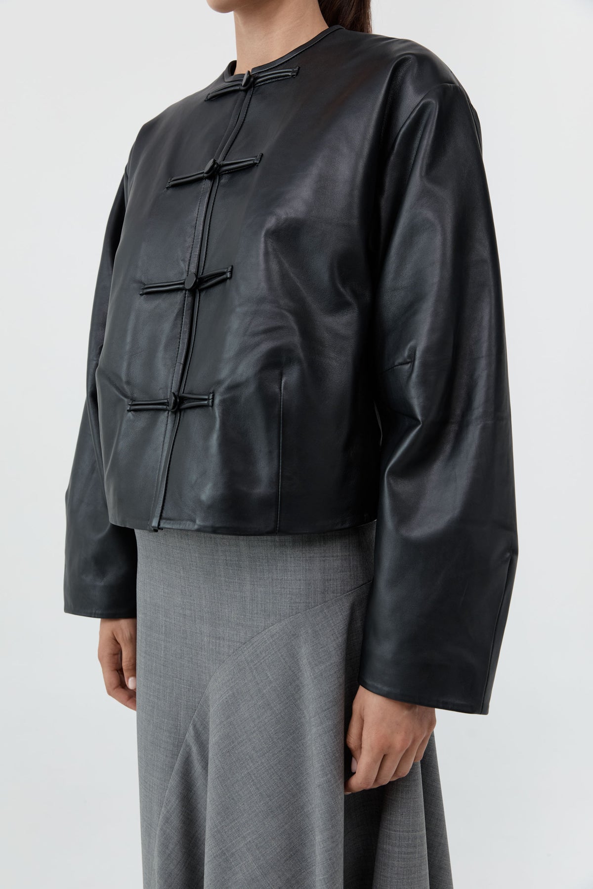 Button Detail Cocoon Leather Jacket - Black