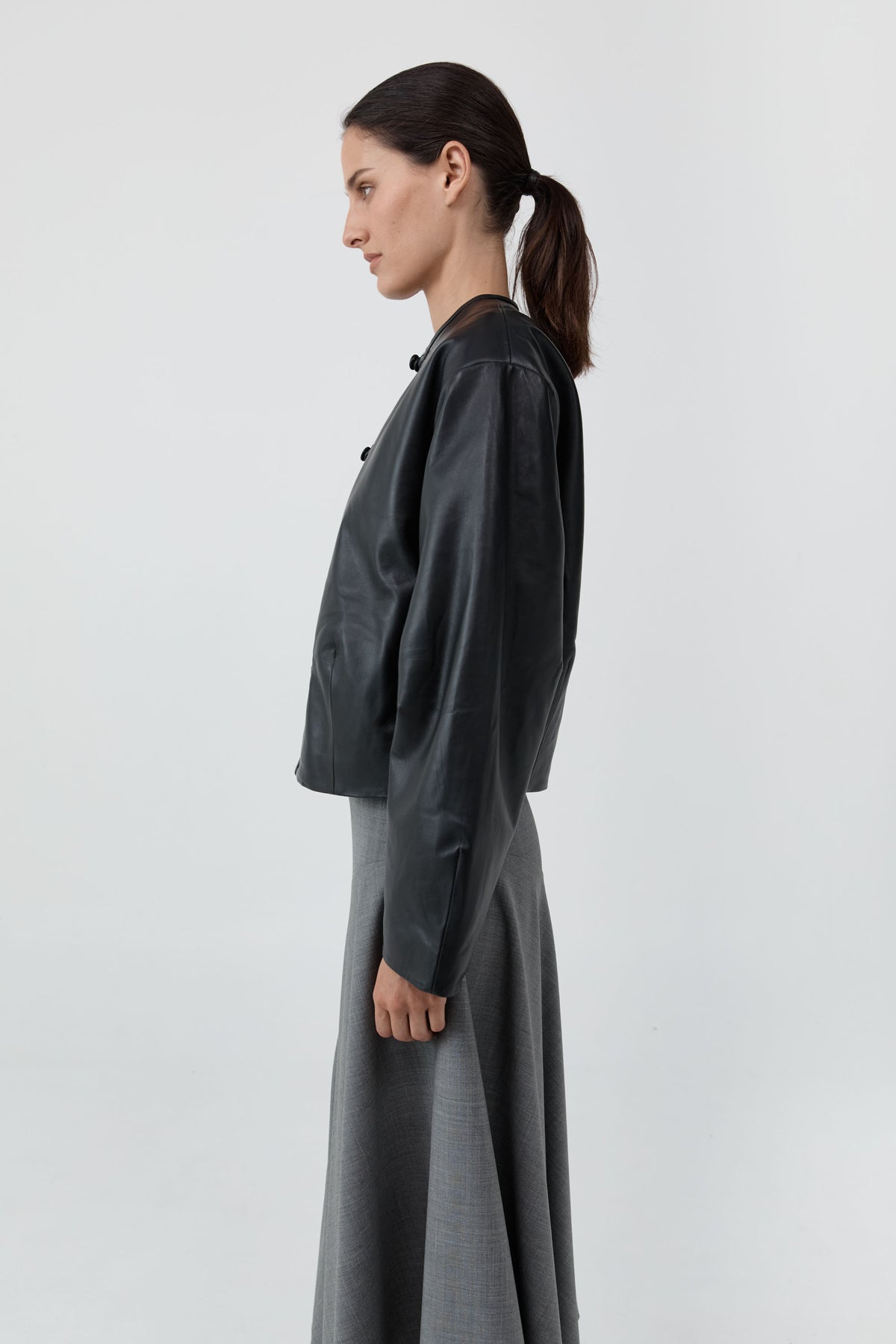 Button Detail Cocoon Leather Jacket - Black