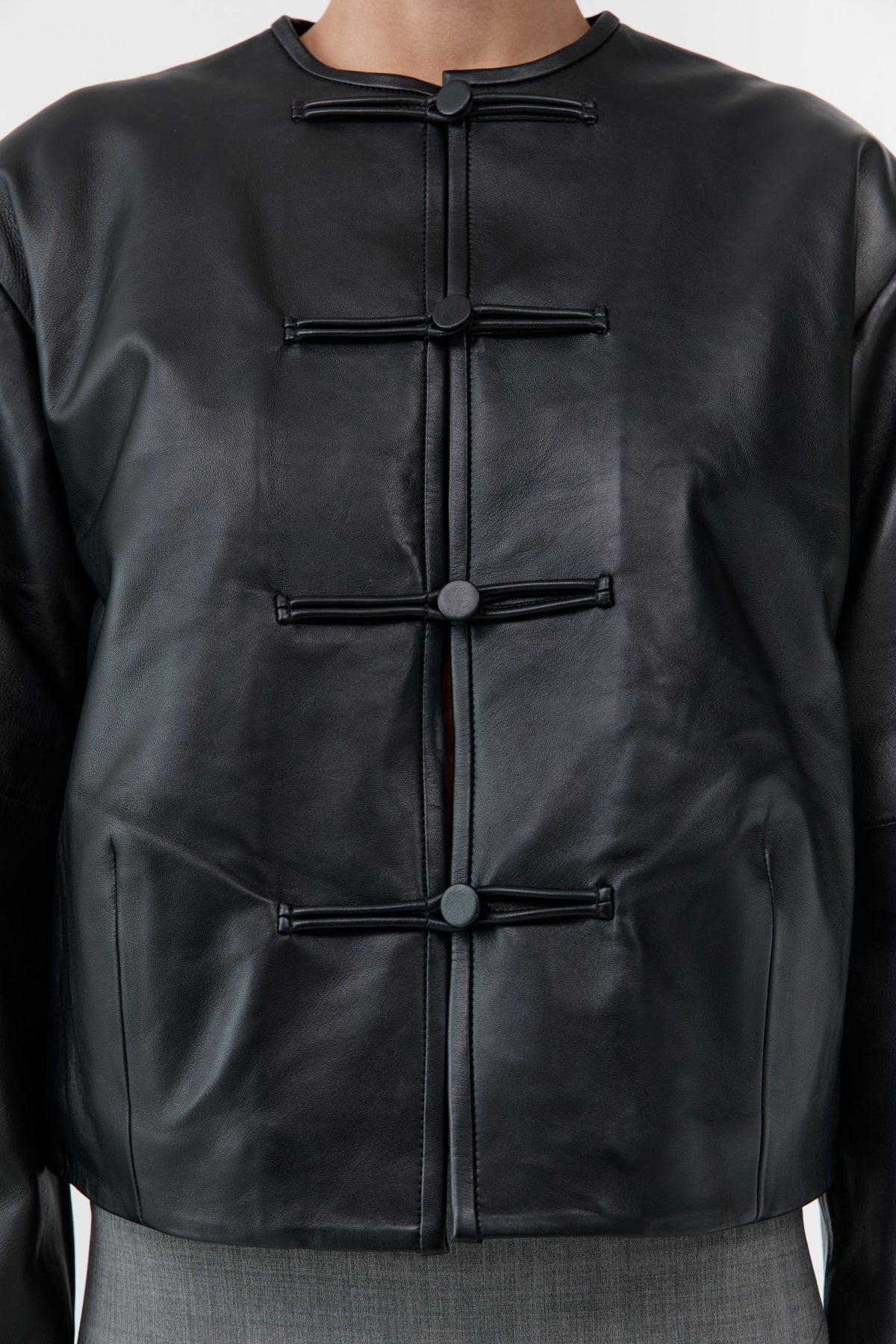 Button Detail Cocoon Leather Jacket - Black