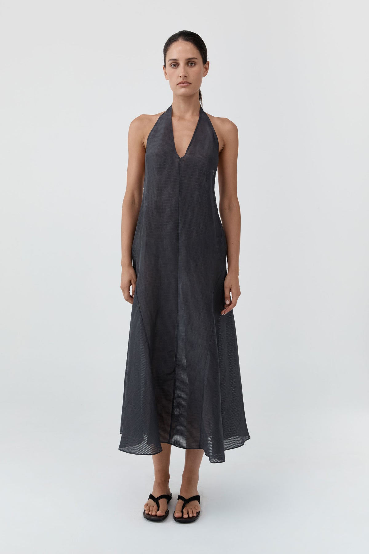Woven Check Halter Dress - Iron Glaze