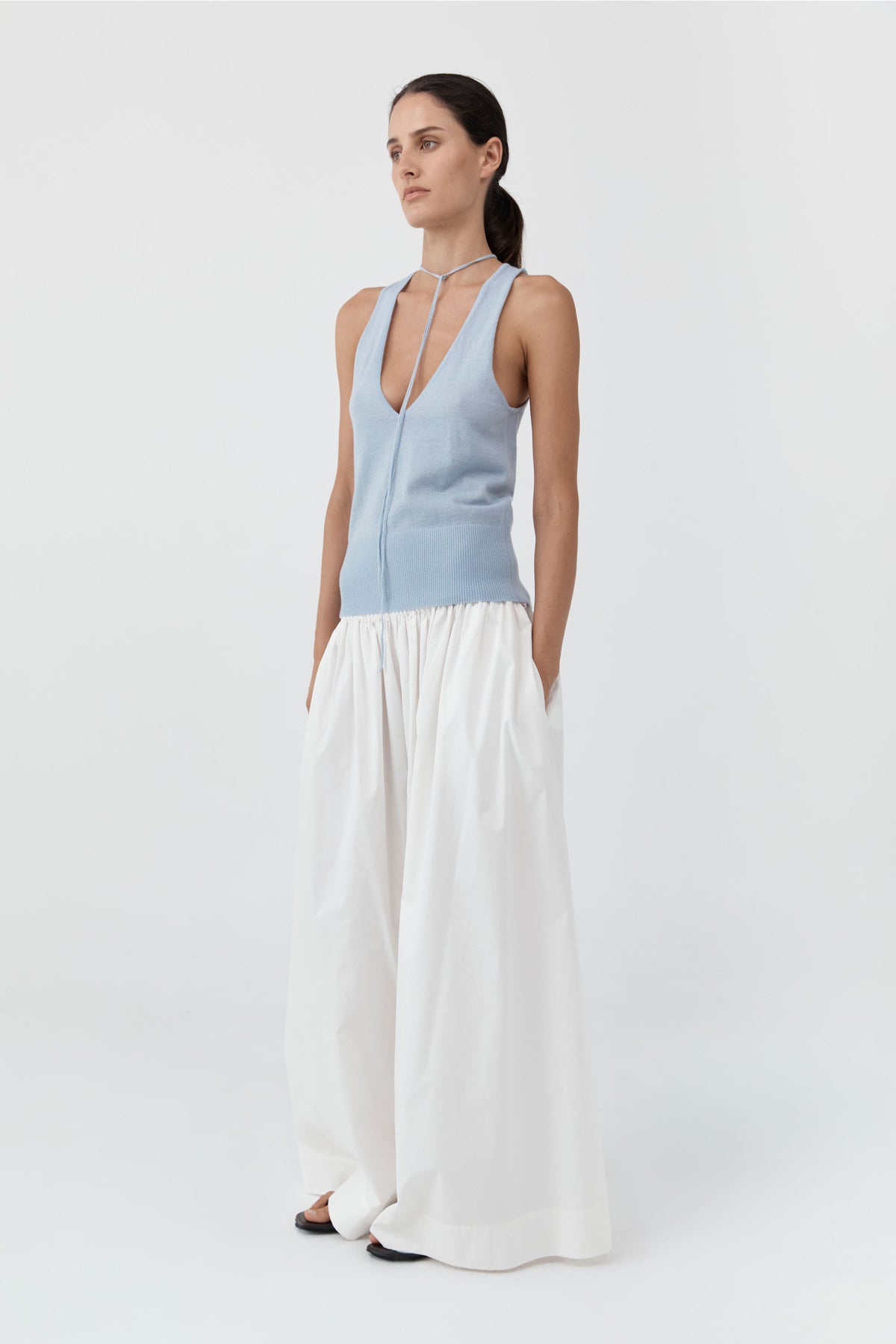 Plunge Rouleau Knit Tie Top - Light Steel