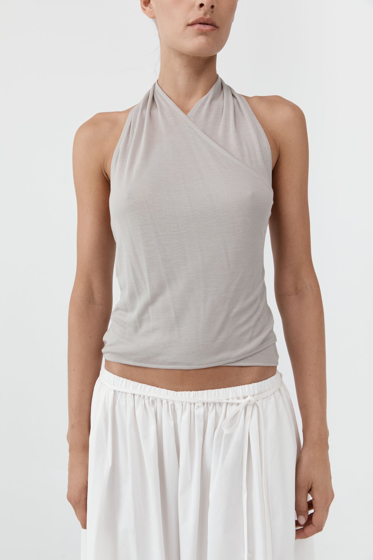 Fine Jersey Wrap Halter Top - Soft Ash