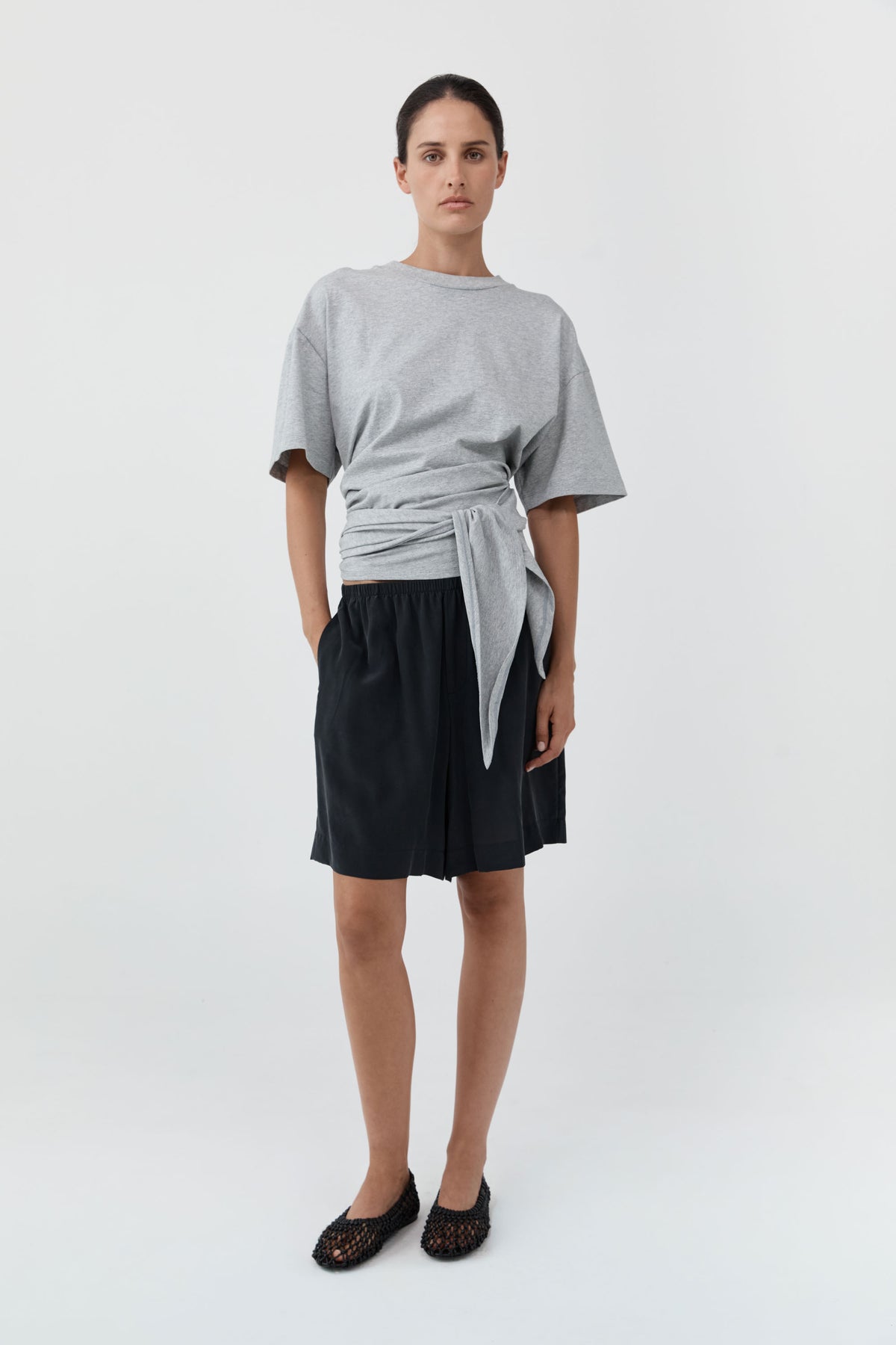 Cotton Jersey Split Back Tee - Light Grey Marle