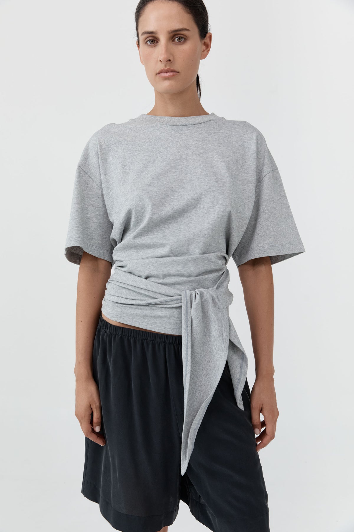 Cotton Jersey Split Back Tee - Light Grey Marle