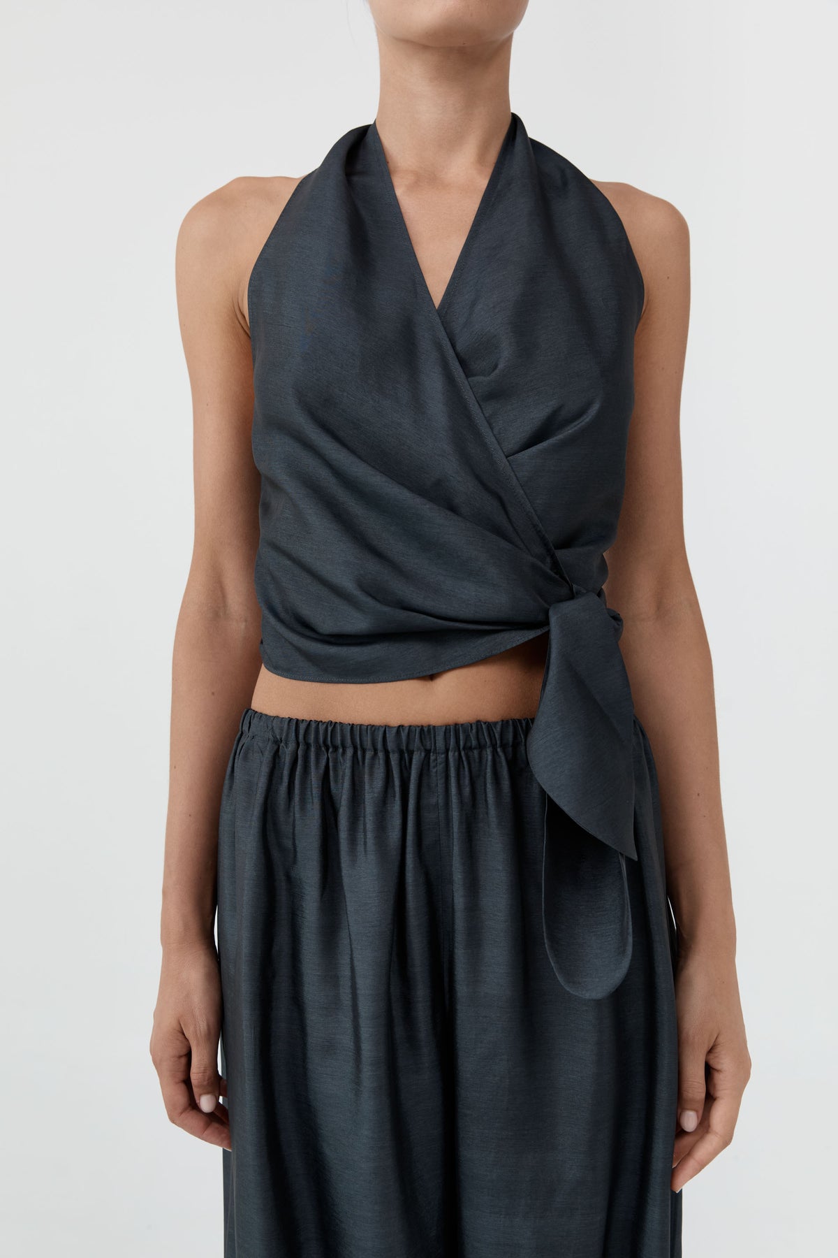 Silk Halter Wrap Top - Washed Black