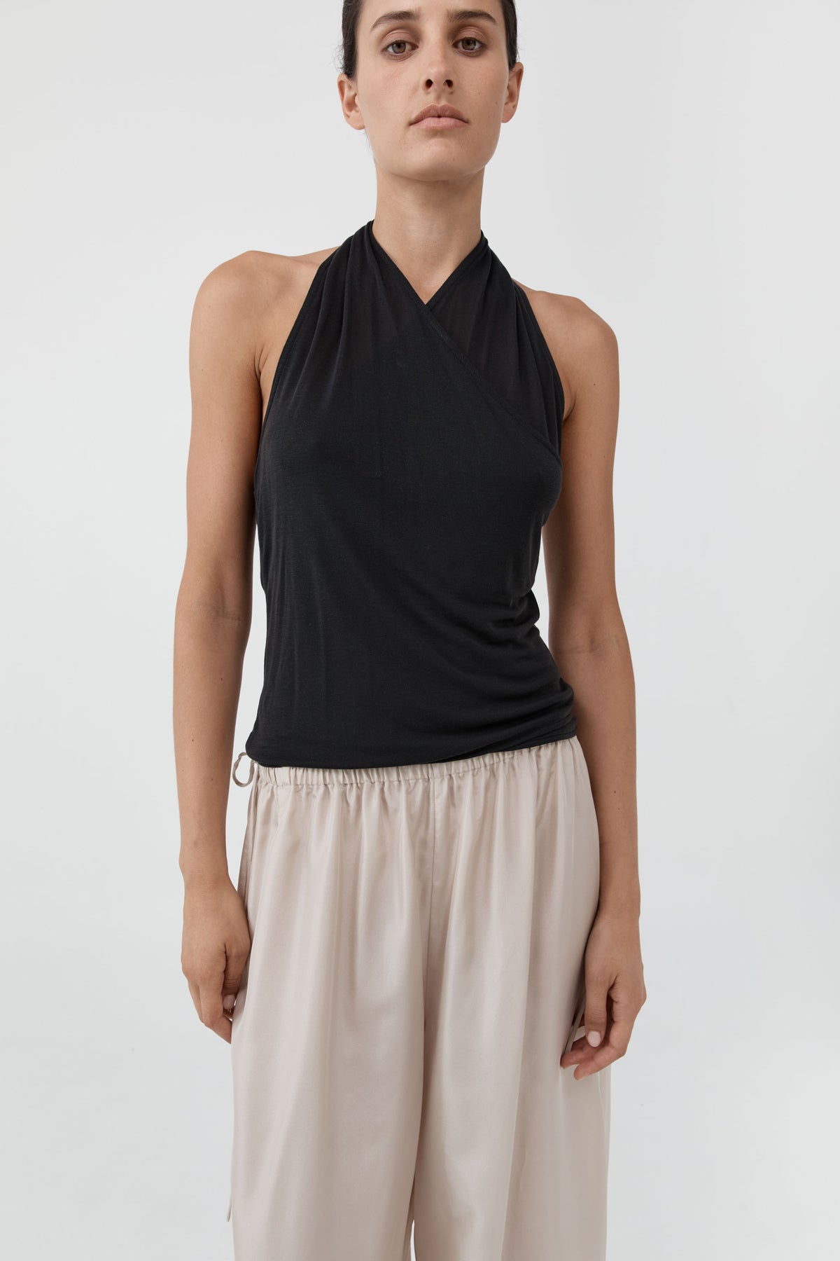 Fine Jersey Wrap Halter Top - Charcoal