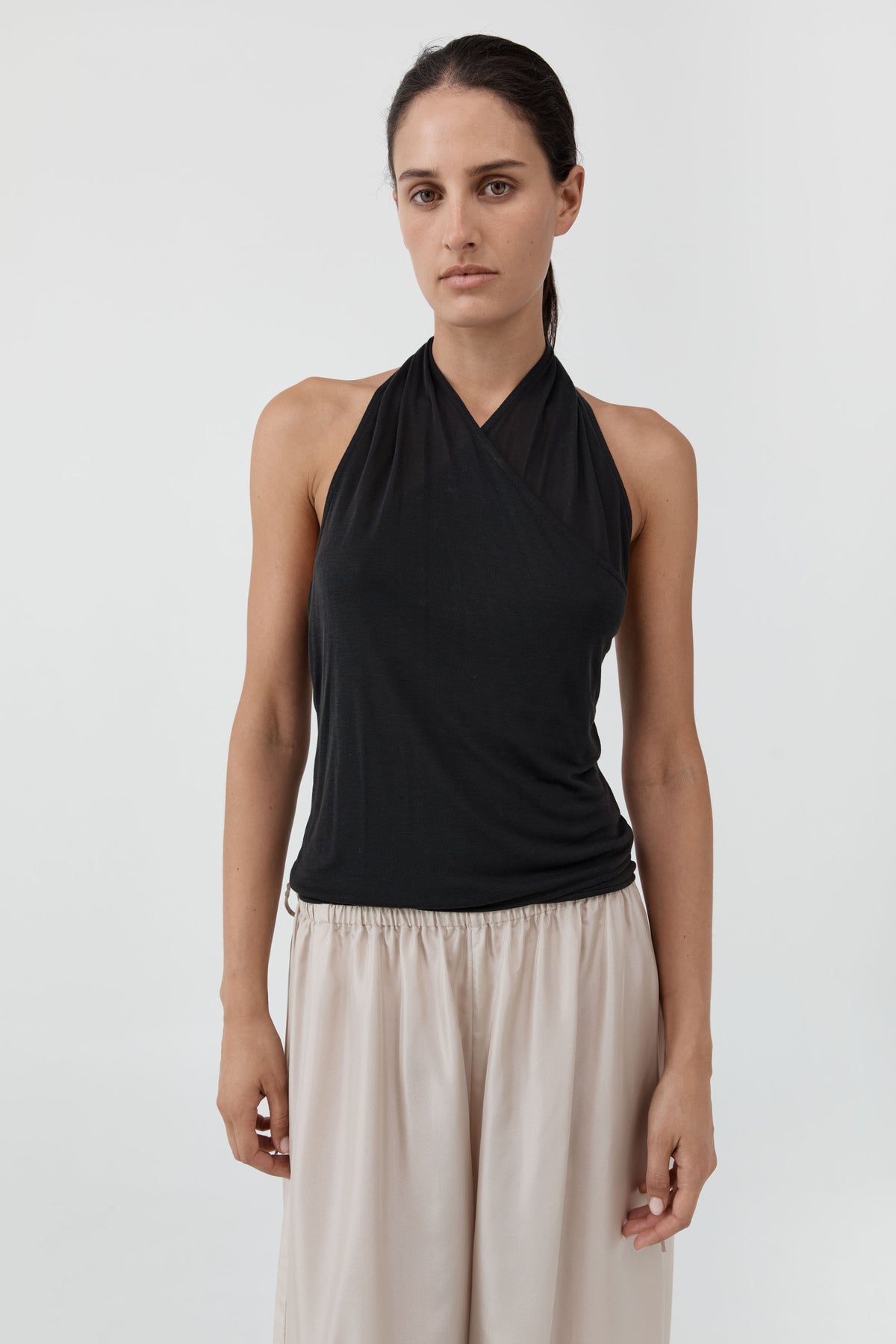 Fine Jersey Wrap Halter Top - Charcoal