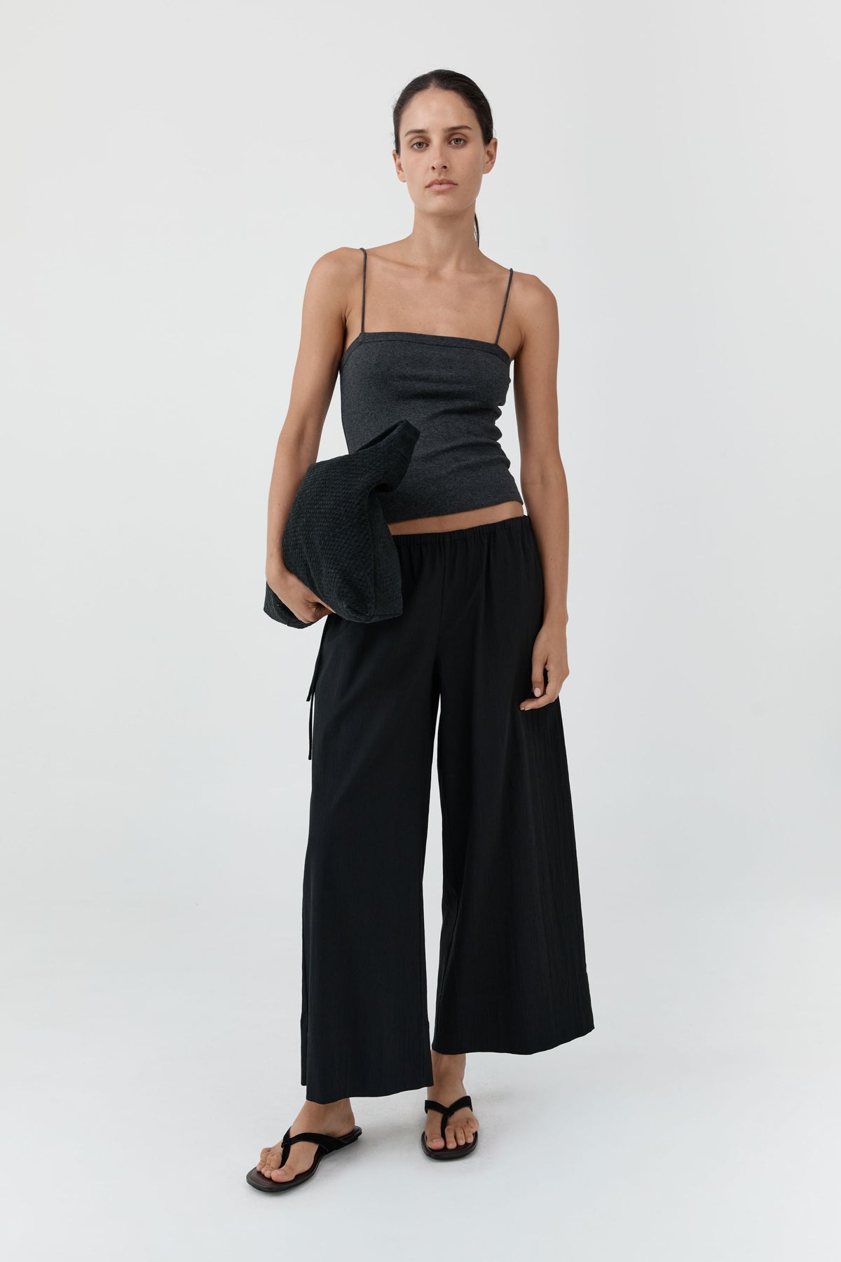 Cropped Drawstring Pants - Black