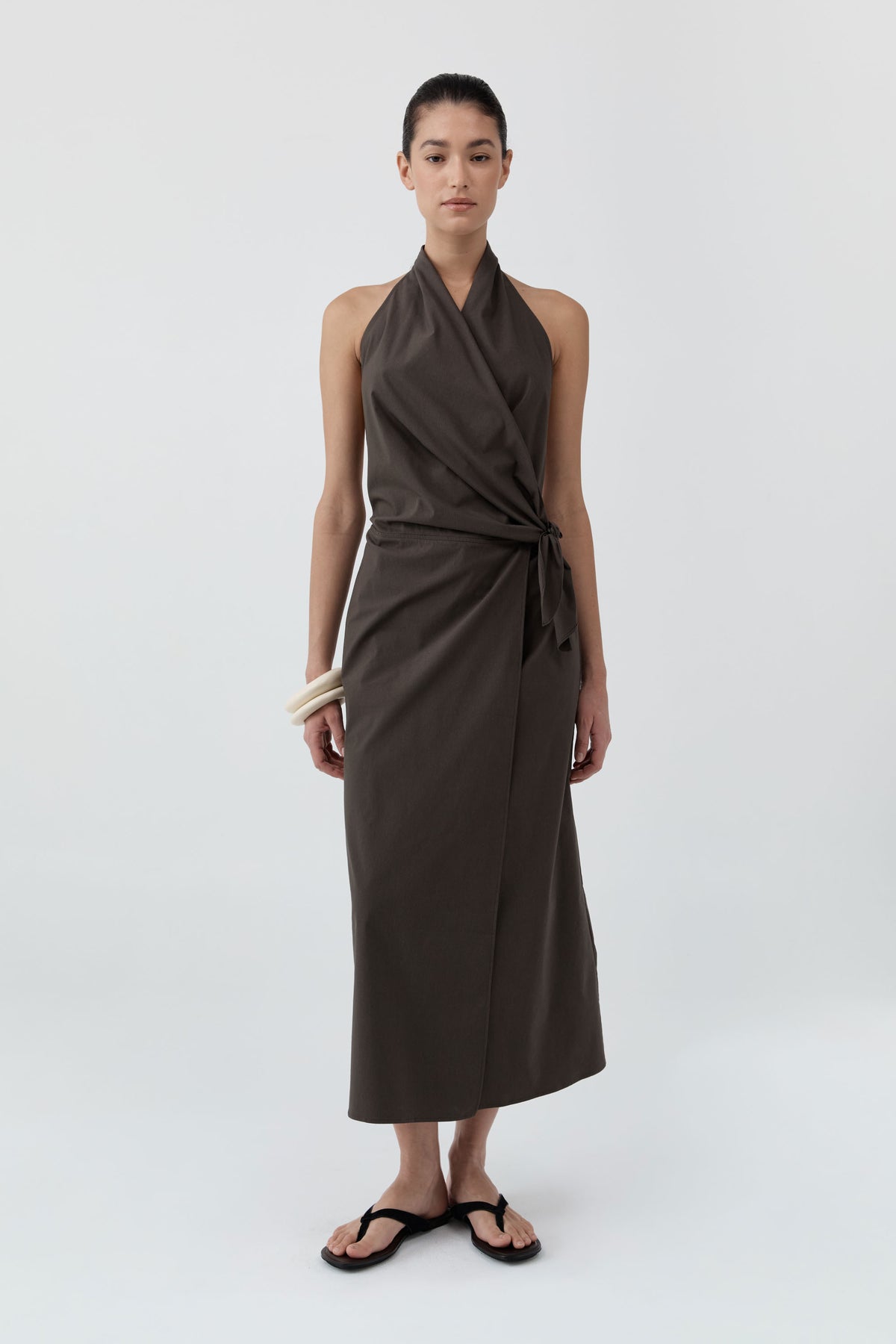 Halter Wrap Backless Dress - Wood