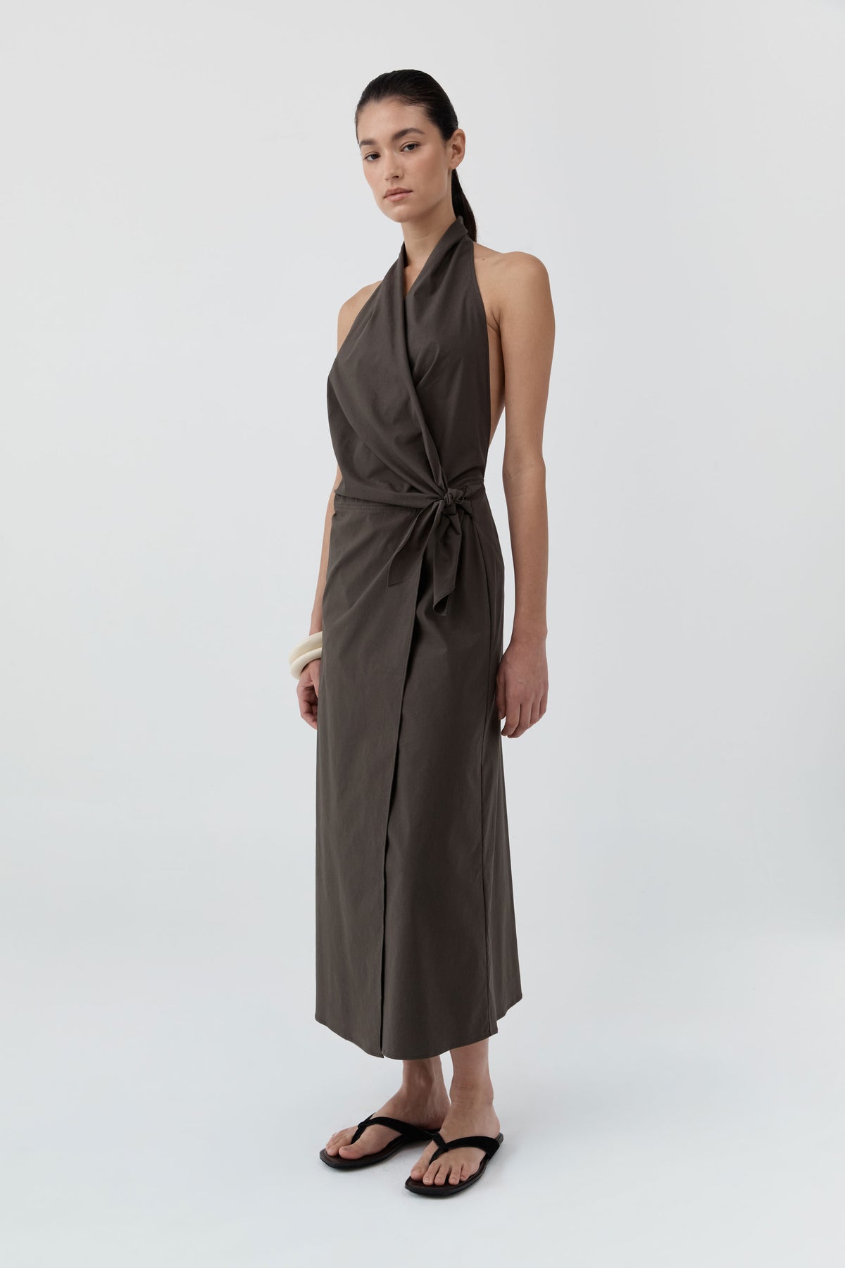 Halter Wrap Backless Dress - Wood