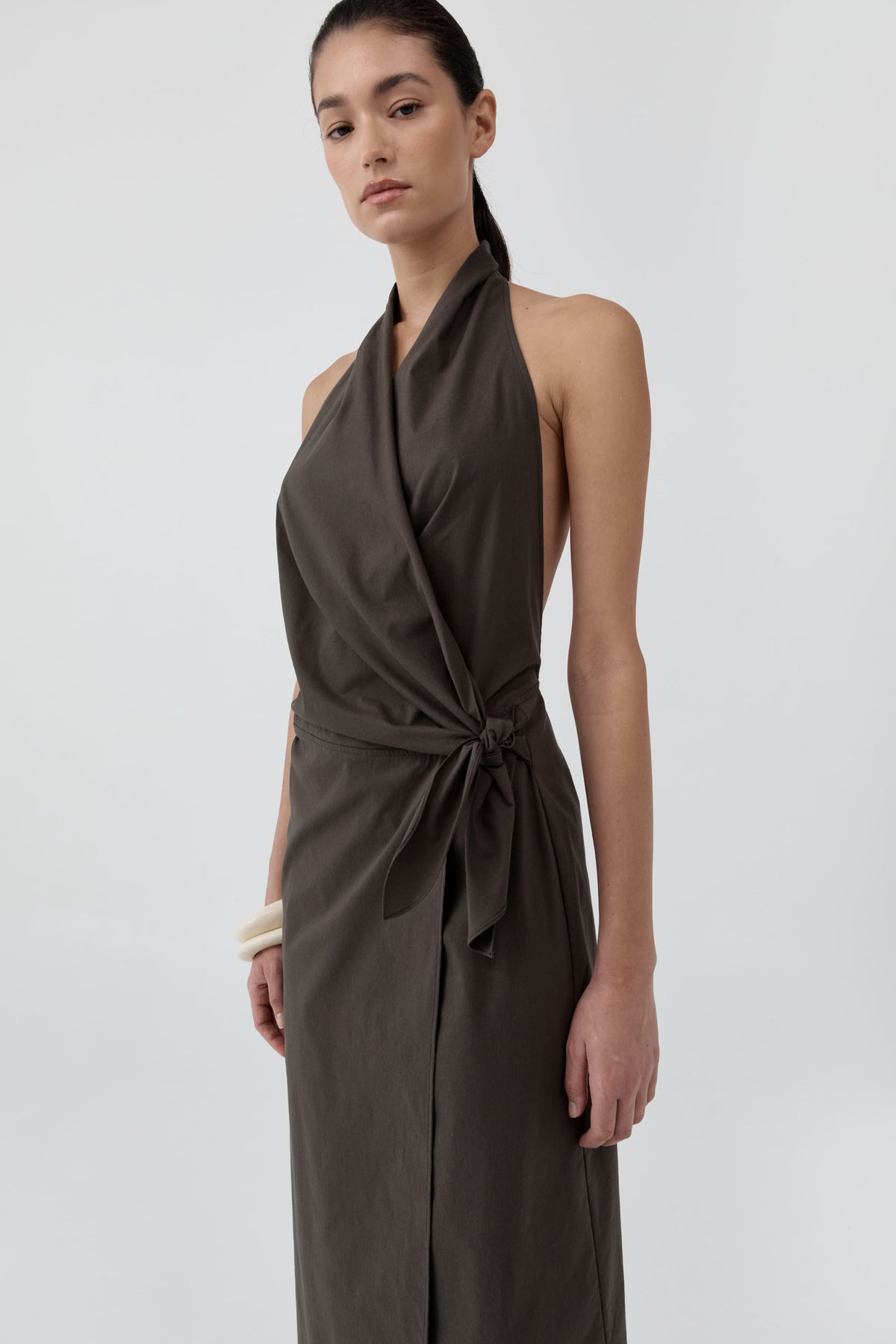 Halter Wrap Backless Dress - Wood