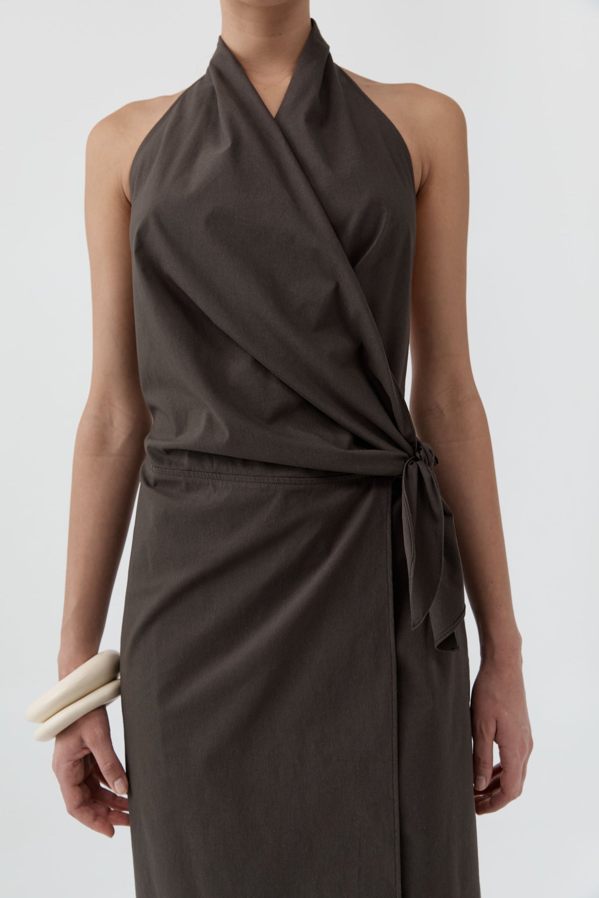 Halter Wrap Backless Dress - Wood