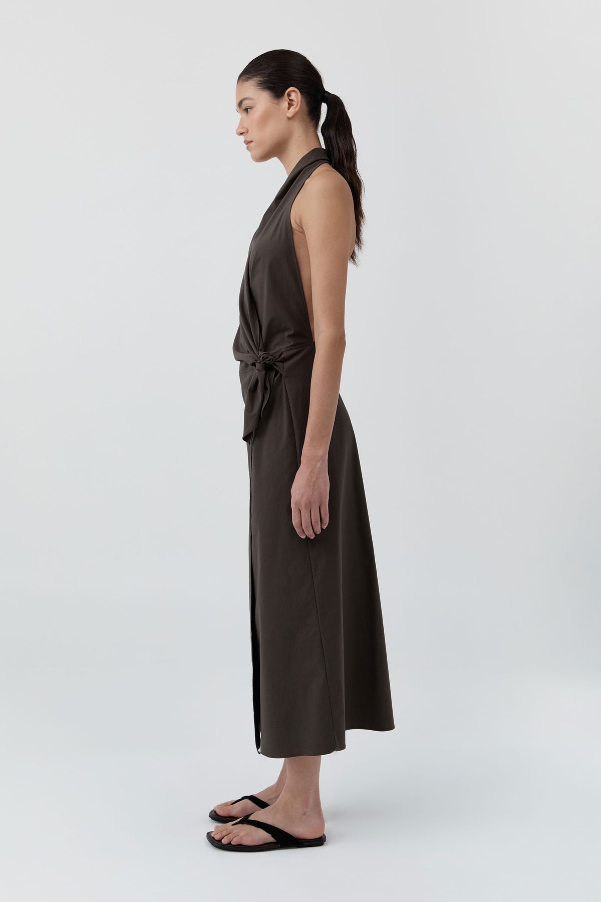 Halter Wrap Backless Dress - Wood