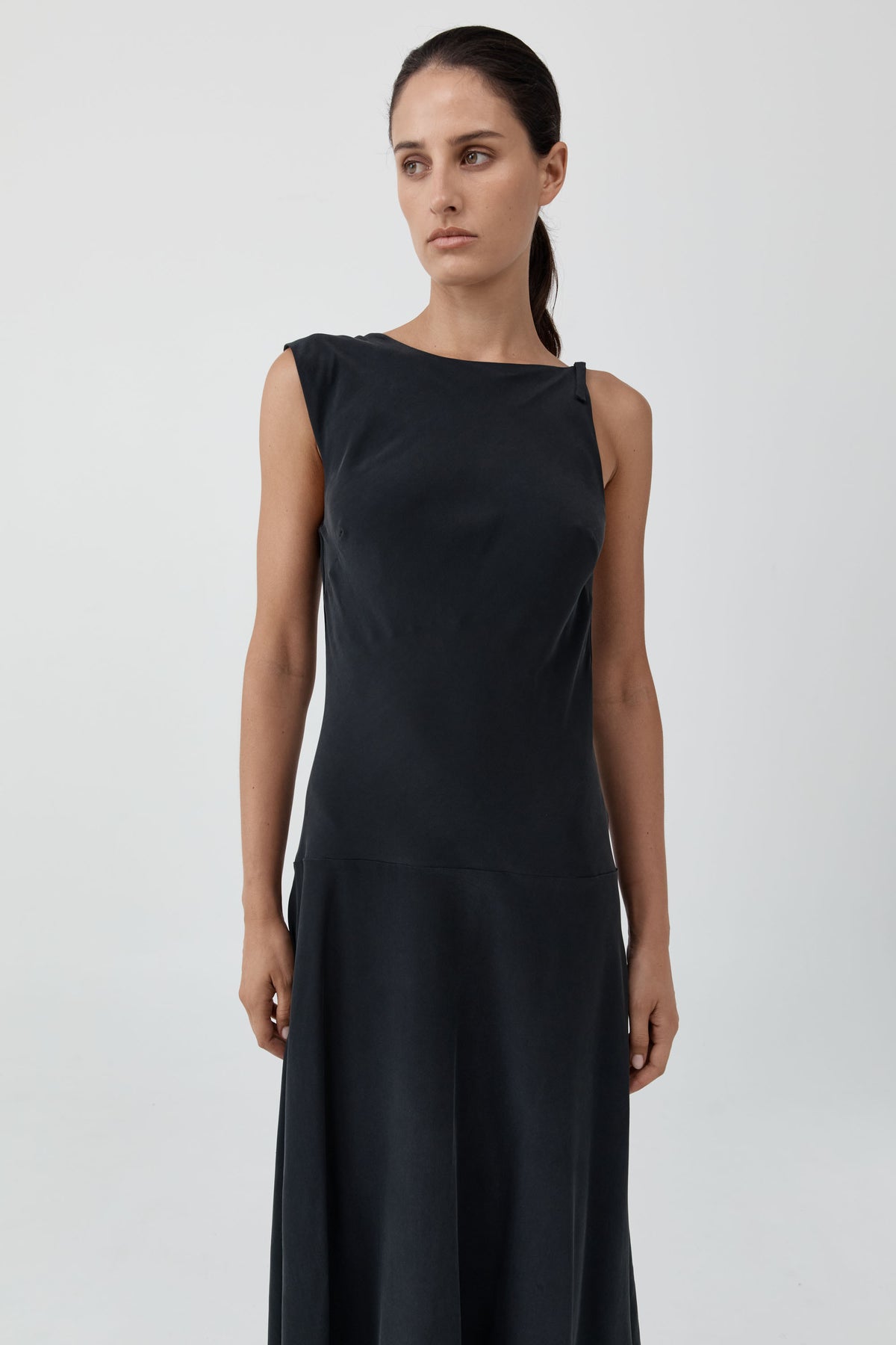 Silk Drape Back Midi Dress - Black