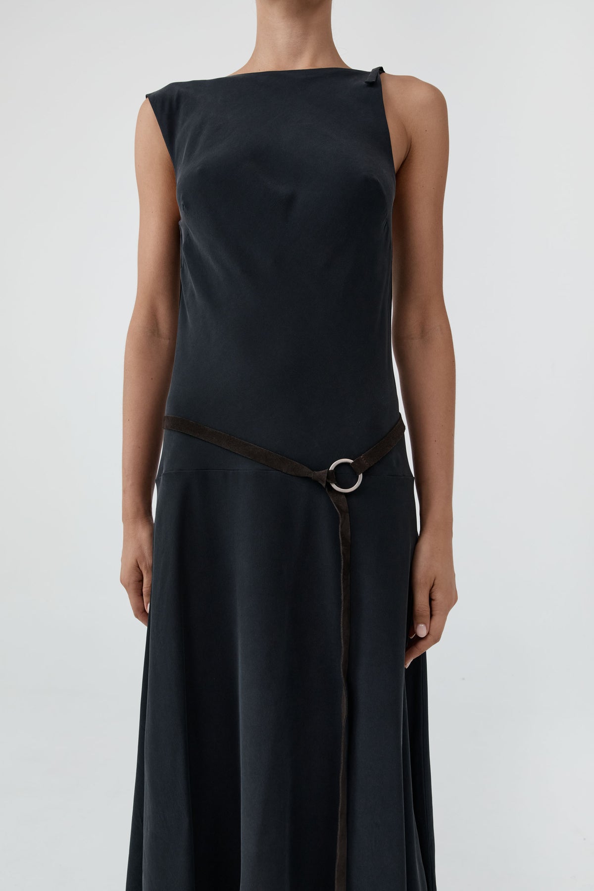 Silk Drape Back Midi Dress - Black