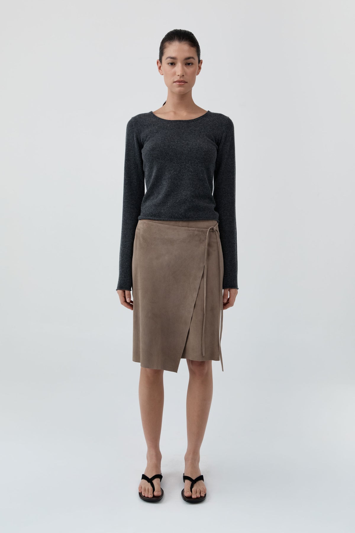 Fine Merino Wool Long Sleeve Top - Charcoal Melange