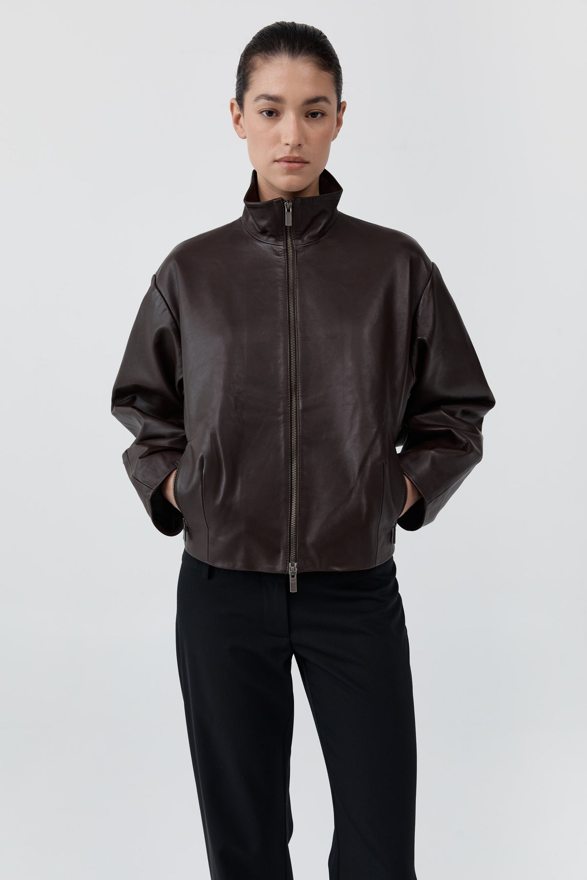 Cocoon Zip Leather Jacket - Chocolate