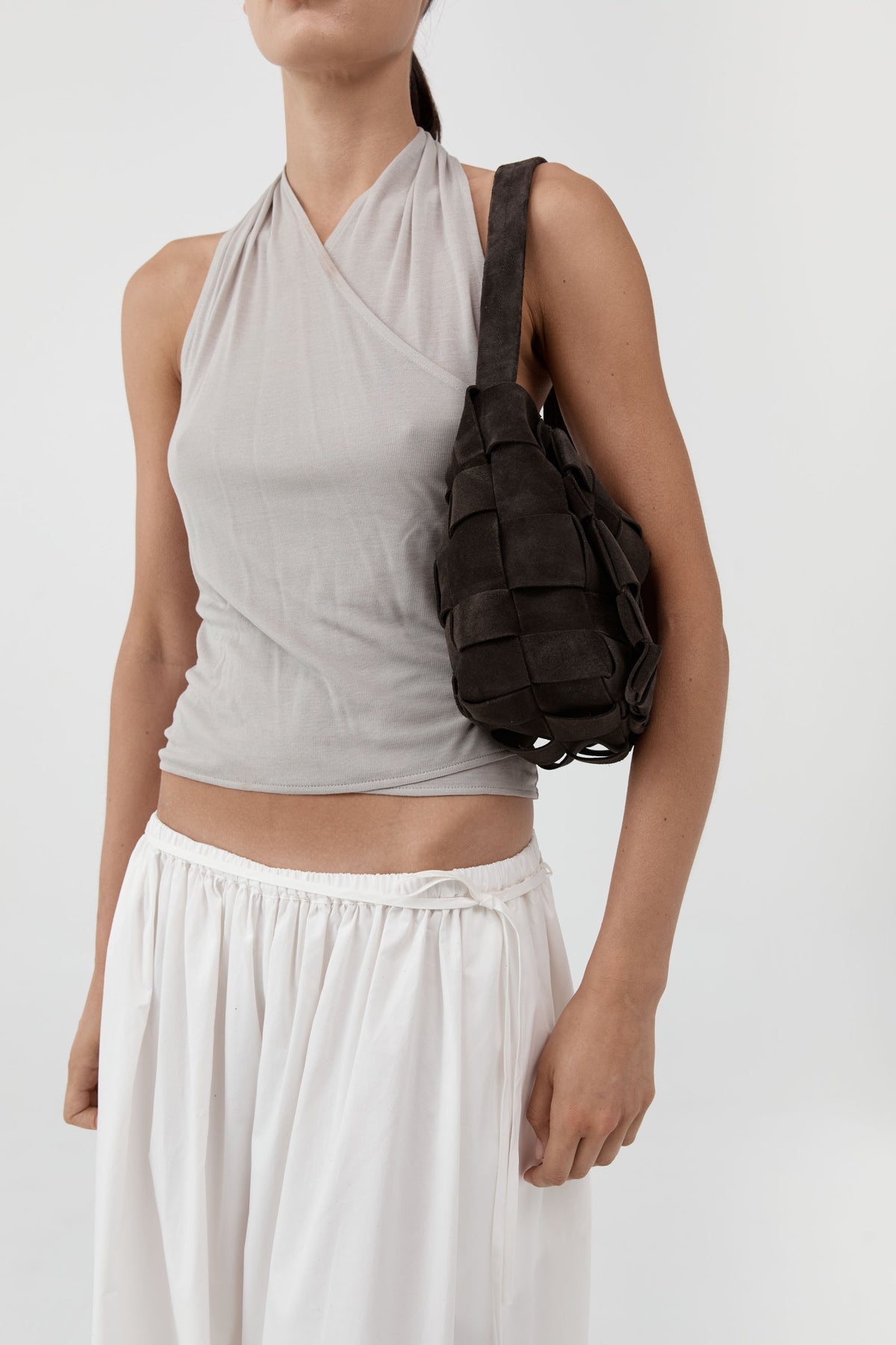 Suede Woven Envelope Mini Tote - Coffee