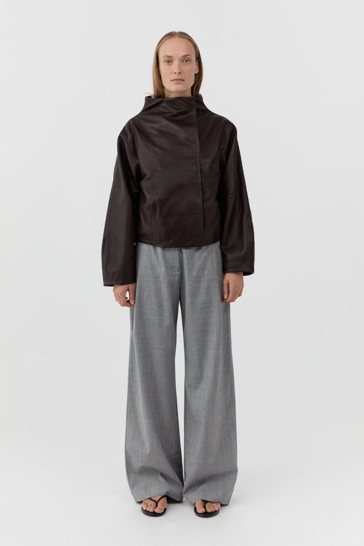 Leather Cocoon Funnel Neck Jacket - Chocolate