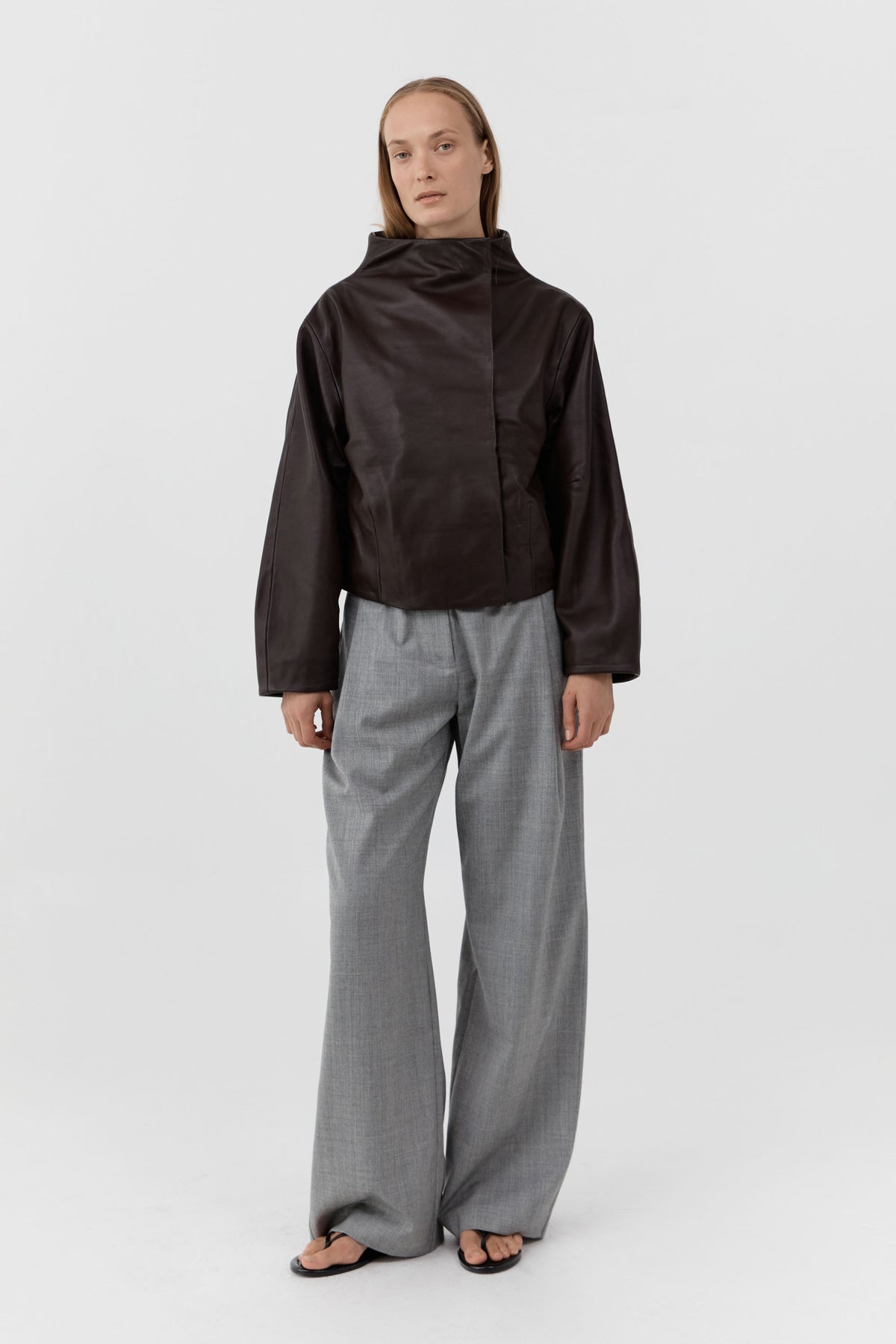 Leather Cocoon Funnel Neck Jacket - Chocolate