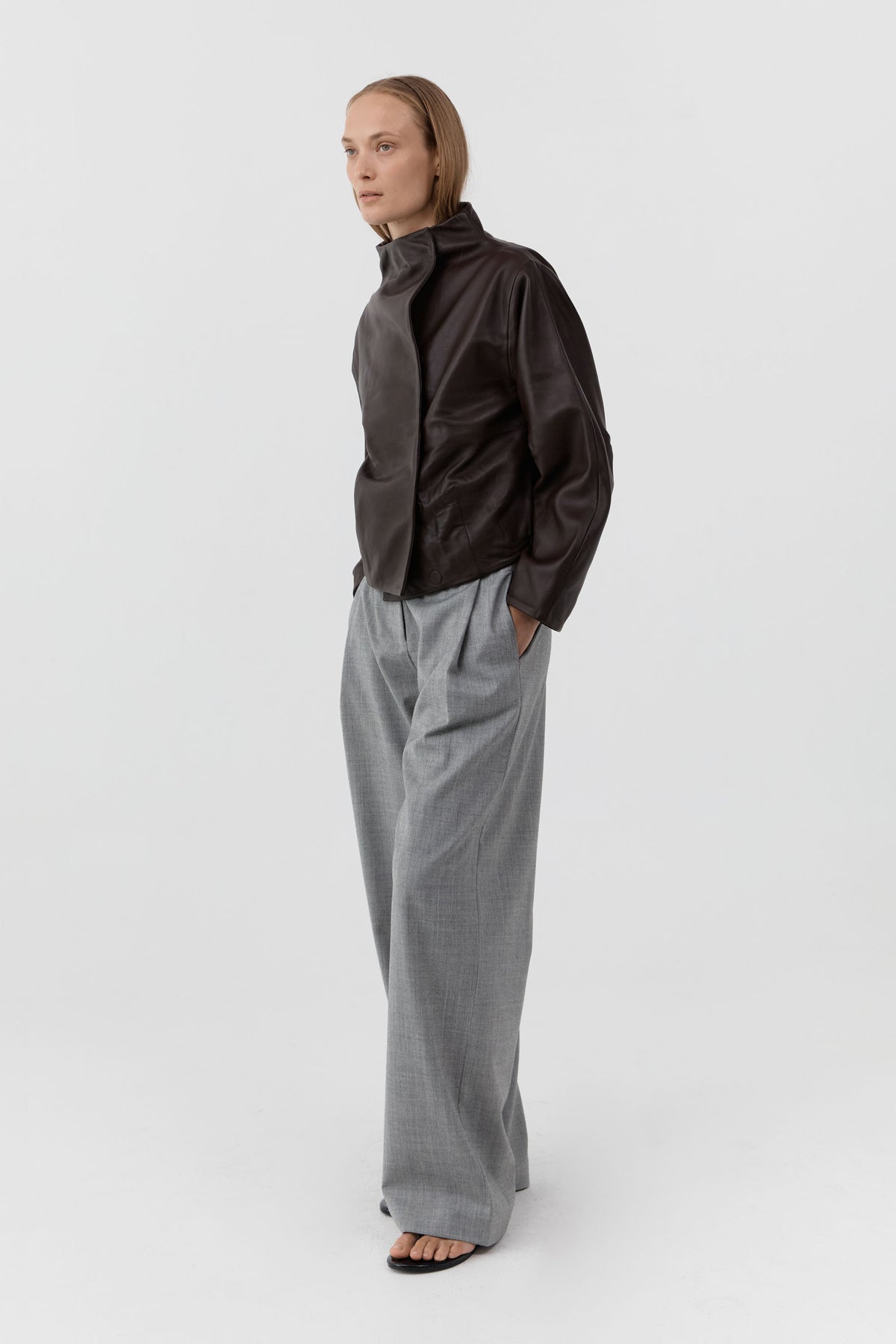 Leather Cocoon Funnel Neck Jacket - Chocolate