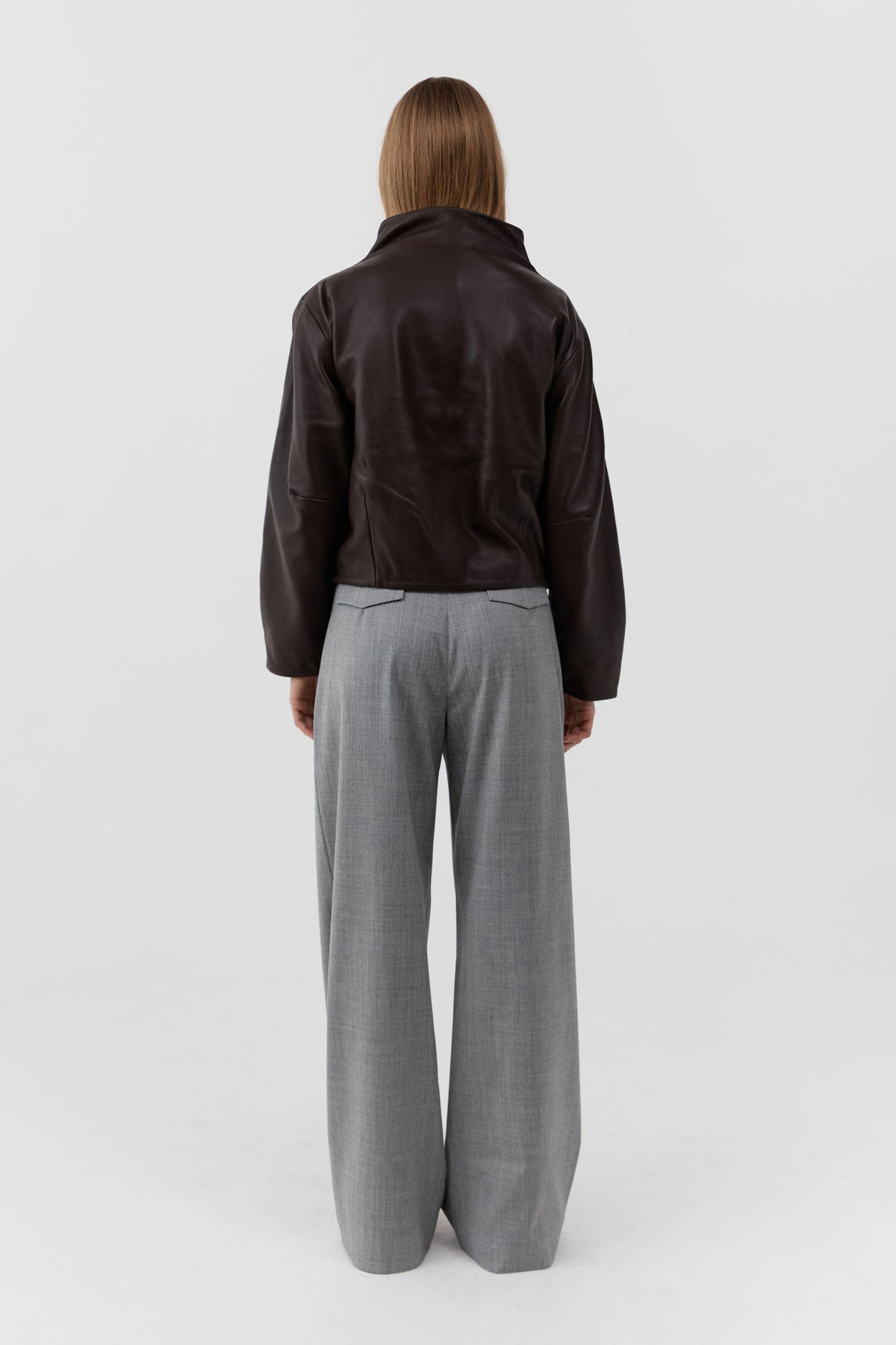 Leather Cocoon Funnel Neck Jacket - Chocolate