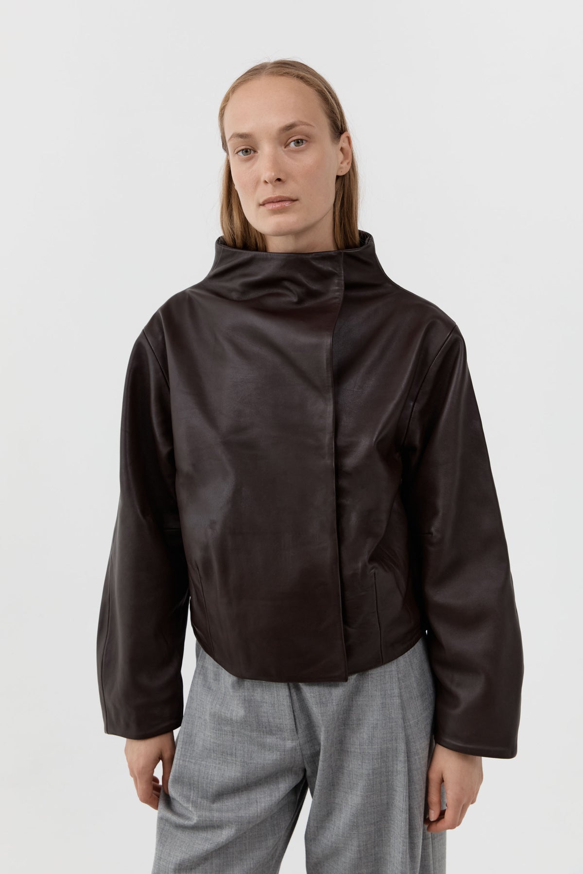 Leather Cocoon Funnel Neck Jacket - Chocolate