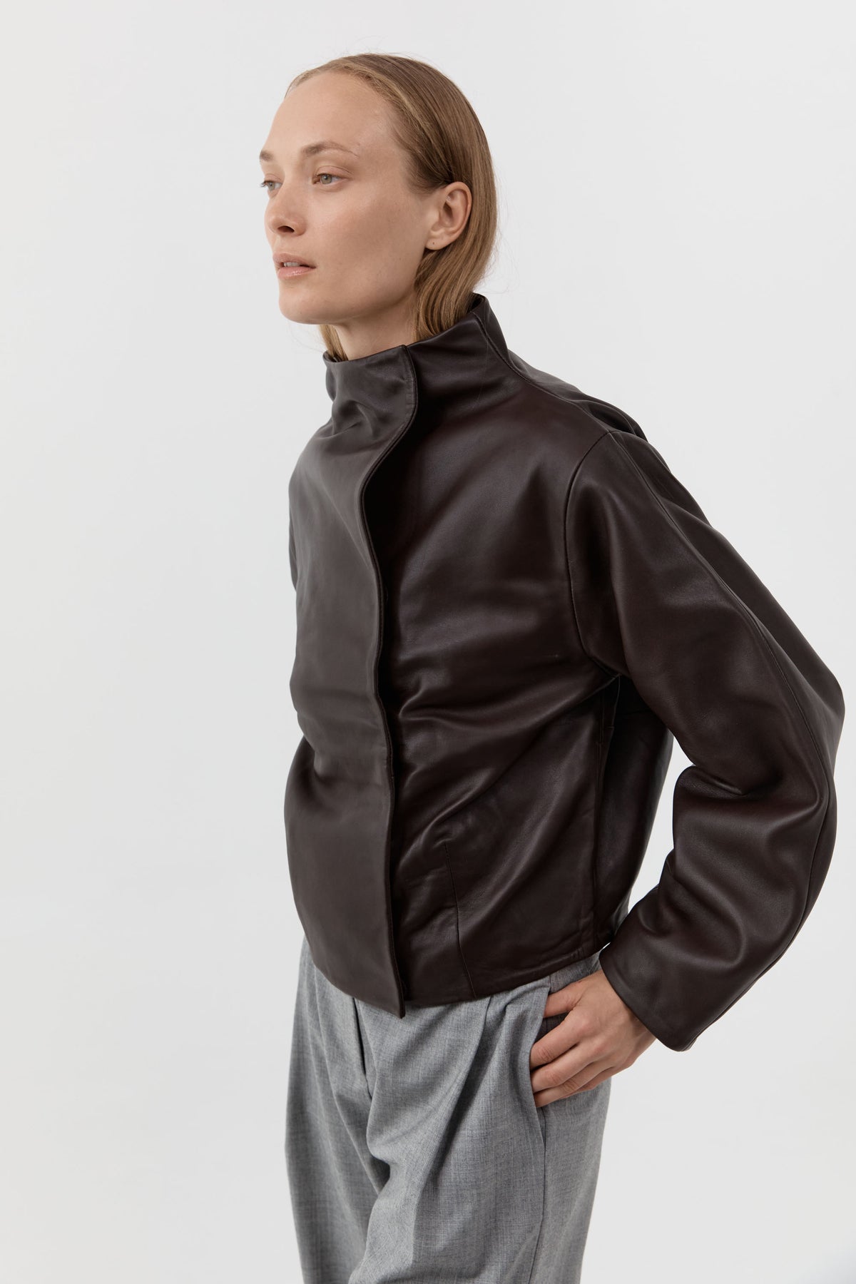 Leather Cocoon Funnel Neck Jacket - Chocolate