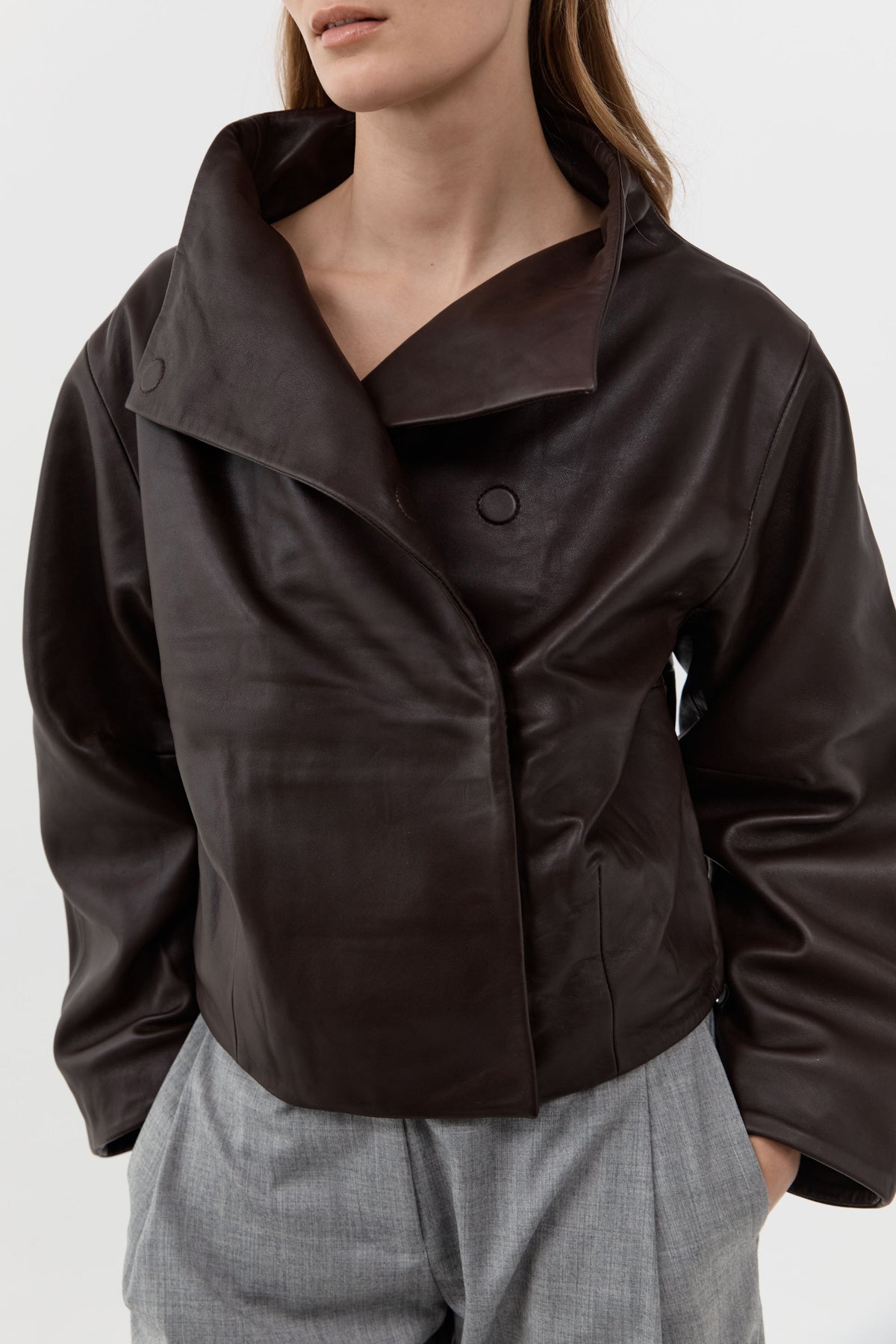 Leather Cocoon Funnel Neck Jacket - Chocolate