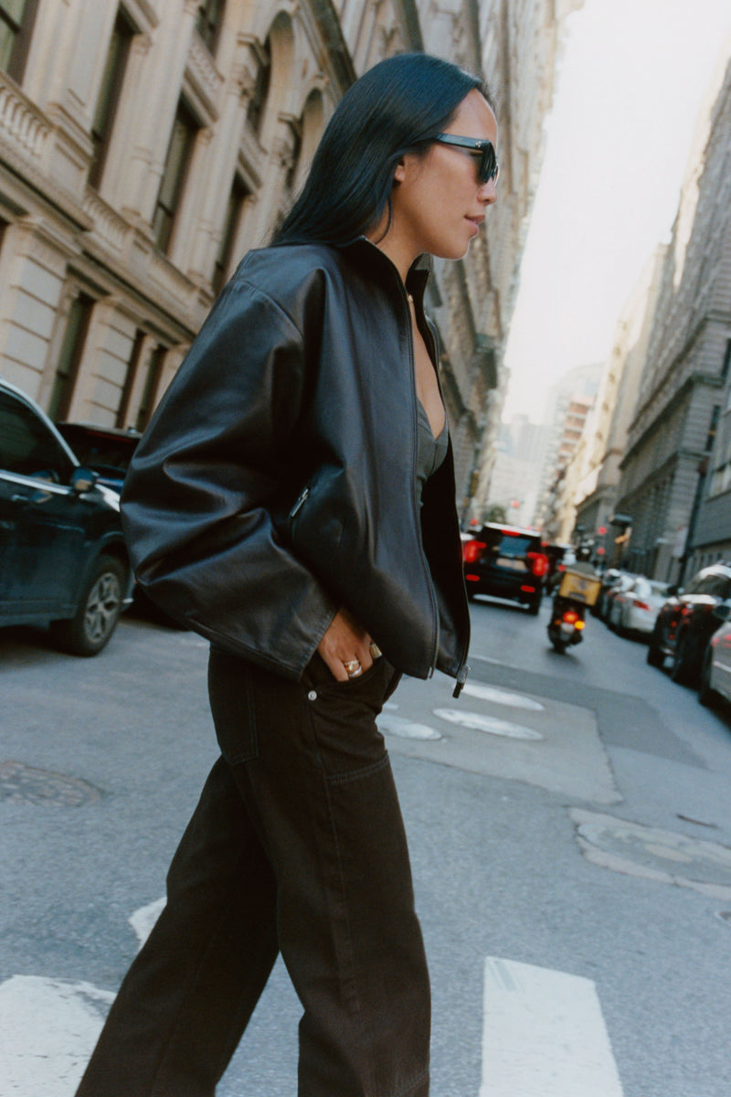 Cocoon Zip Leather Jacket - Black - Featured