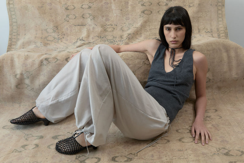 Plunge Rouleau Knit Tie Top - Light Steel - Featured