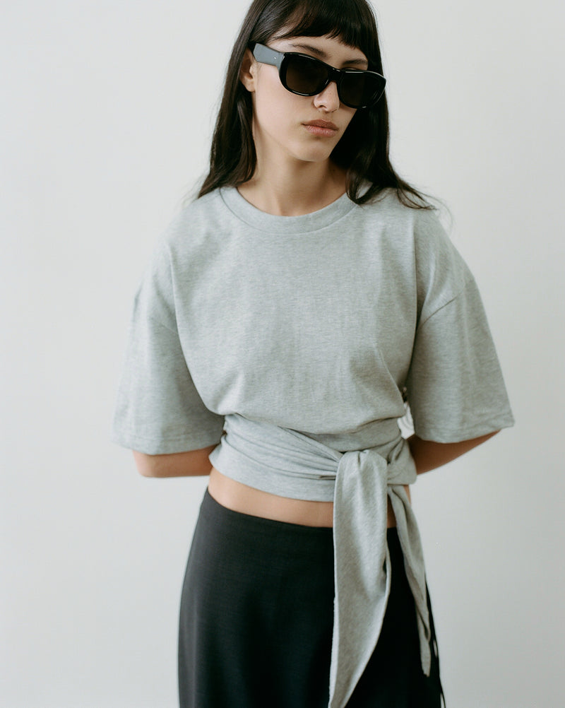 Cotton Jersey Split Back Tee - Light Grey Marle