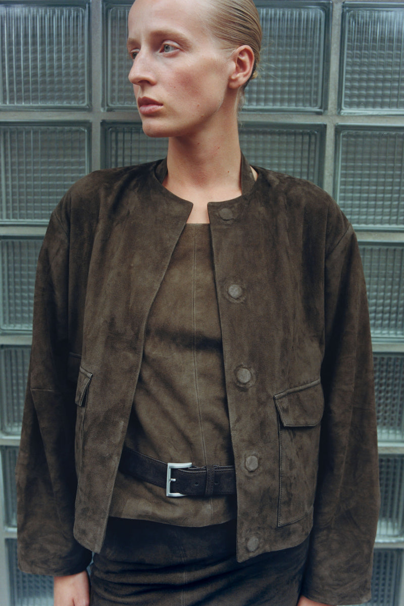 Suede Utility Cocoon Bomber - Khaki