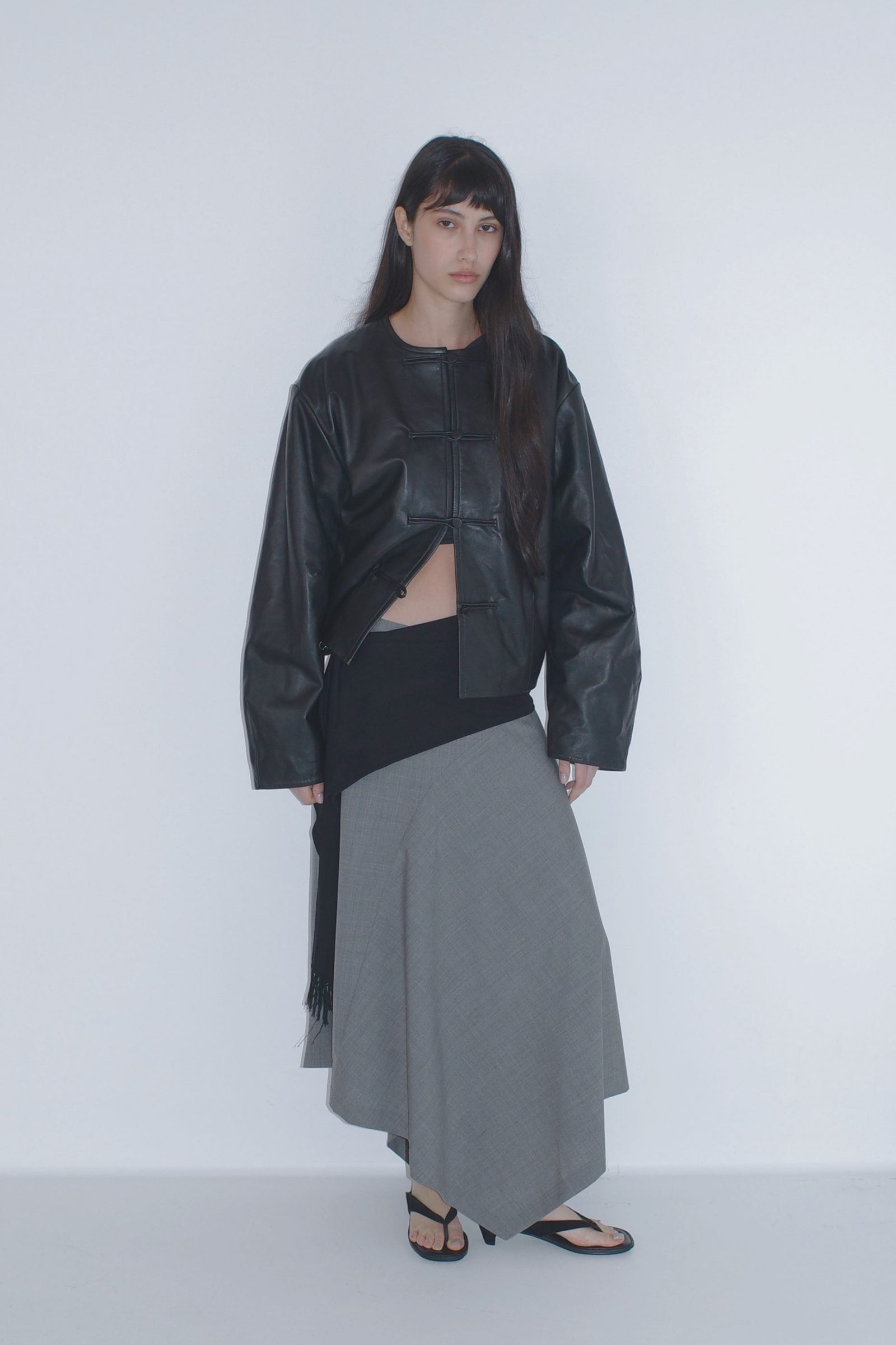 Button Detail Cocoon Leather Jacket - Black