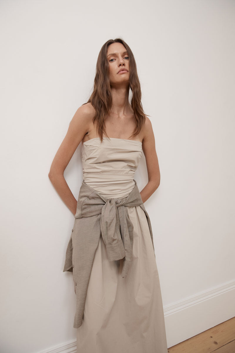 Gathered Strapless Tie Back Dress - Creme