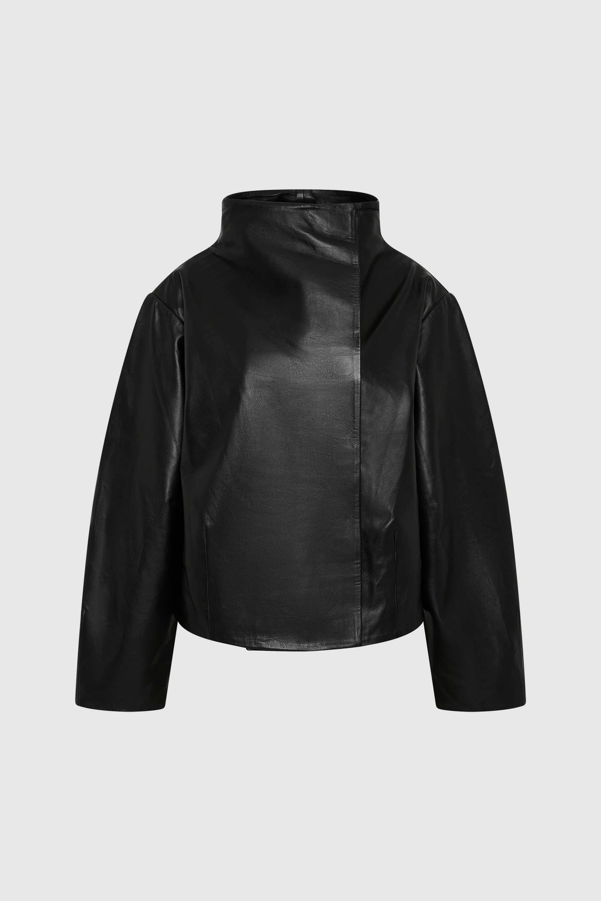 Leather Cocoon Funnel Neck Jacket - Black - Ghost