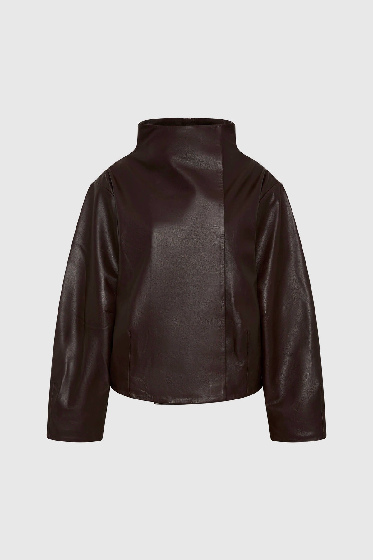 Leather Cocoon Funnel Neck Jacket - Chocolate - Ghost