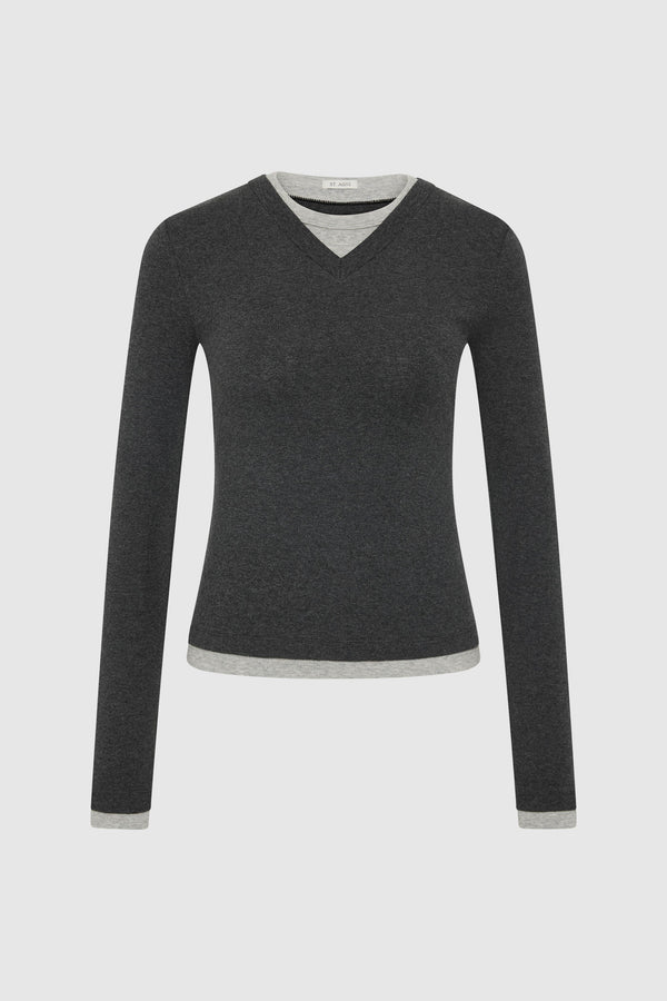 Organic Cotton V Neck Long Sleeve Top - Charcoal Melange