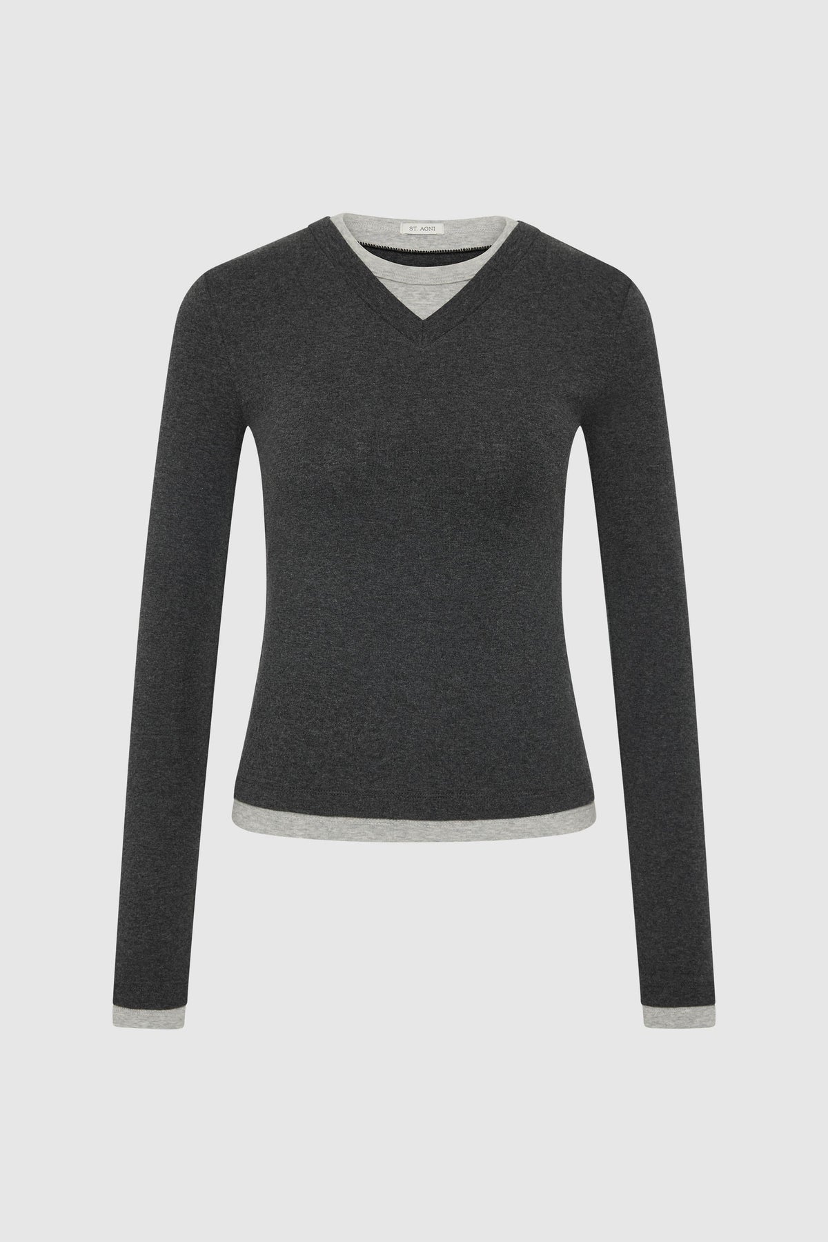 Organic Cotton V Neck Long Sleeve Top - Charcoal Melange