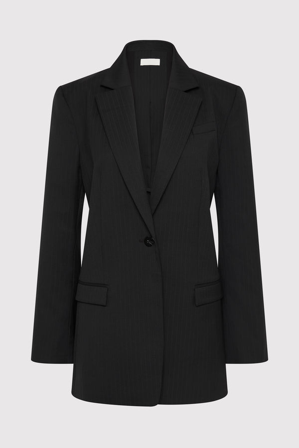 Split Back Blazer - Black Pinstripe